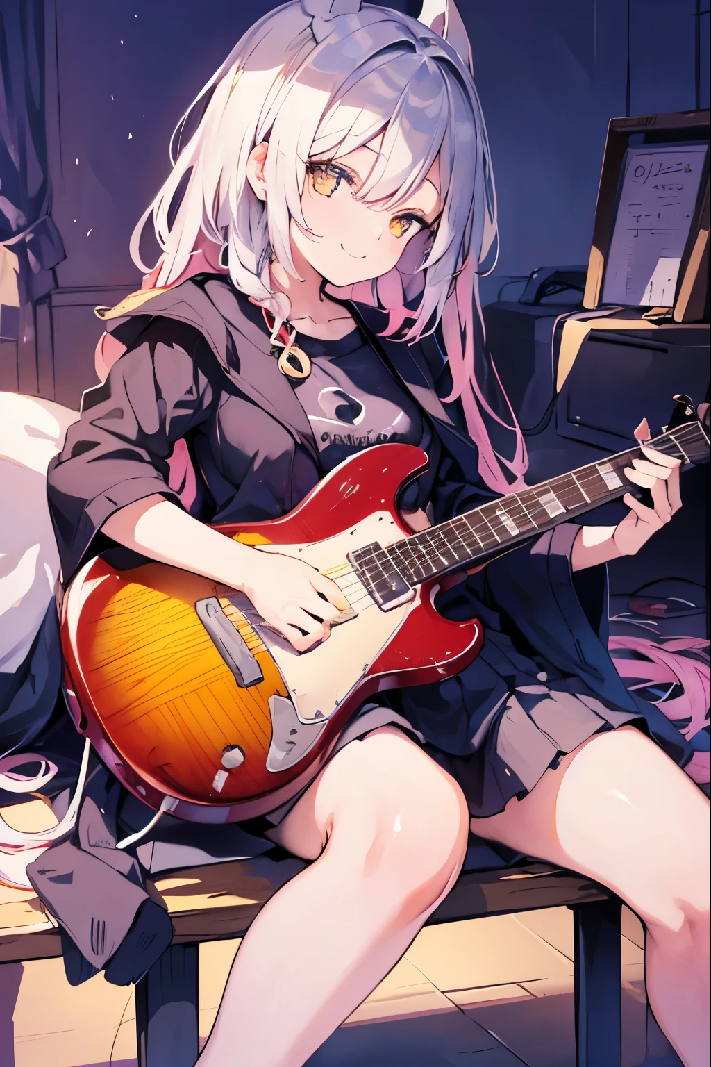 ((masutepiece)), ((Best Quality)), (Ultra-detailed), Anime style, Live performance venue, Cute s, 1girl in, Solo, Playing the guitar 00, ((Beautiful eyes))0, Smile,(((yellow eyes))),