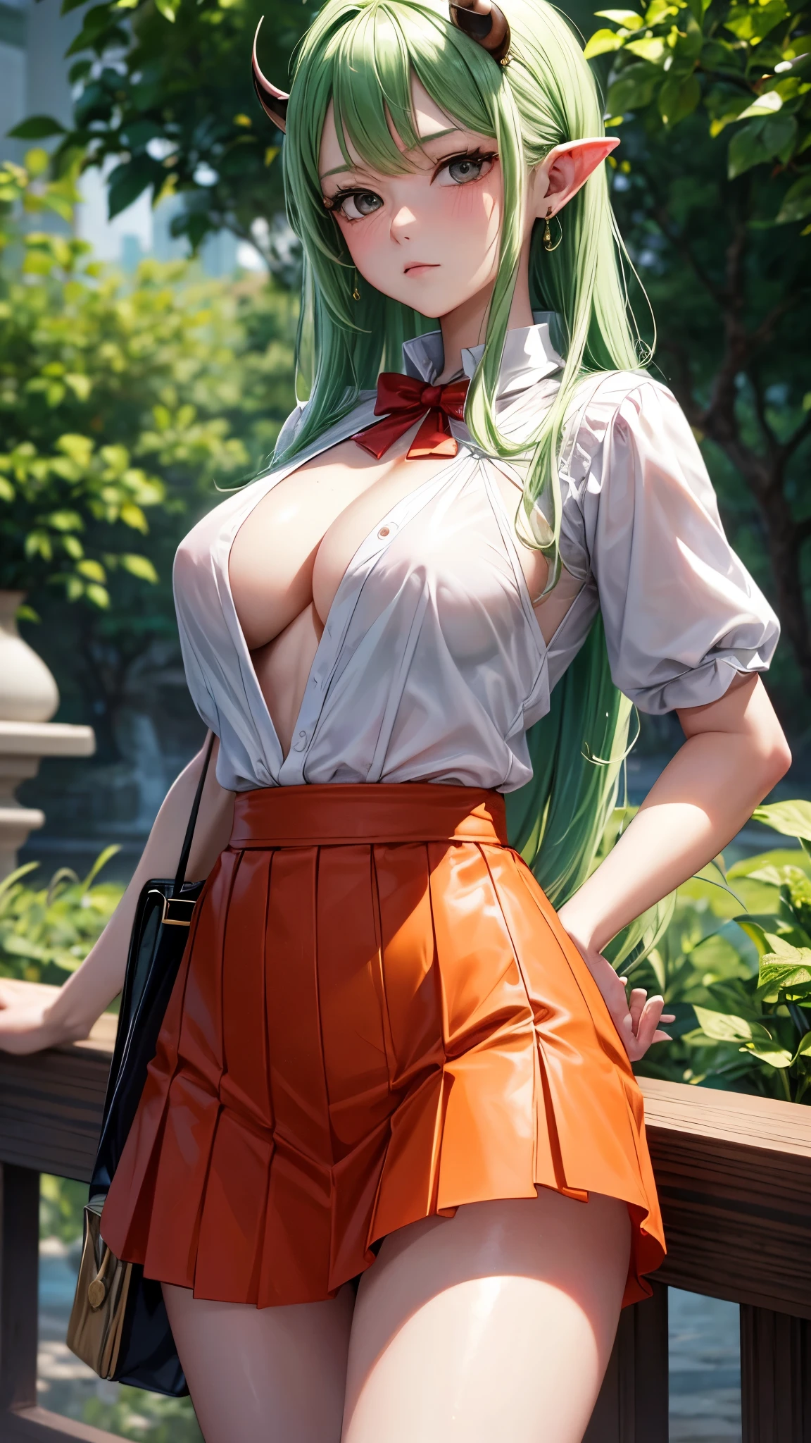 ((best quality)), ((Masterpiece)), (details), perfect face,ยามาโตะ จาก One Piece,Young woman,Cute face,long white-green hair,black eyes,He has red-orange horns. ,white shirt,red skirt,sensuality,Milk groove,round milk,Beautiful chest,white skin,stand,expressionless face,Masterpiece,realistic,blur,4k,Shiny skin