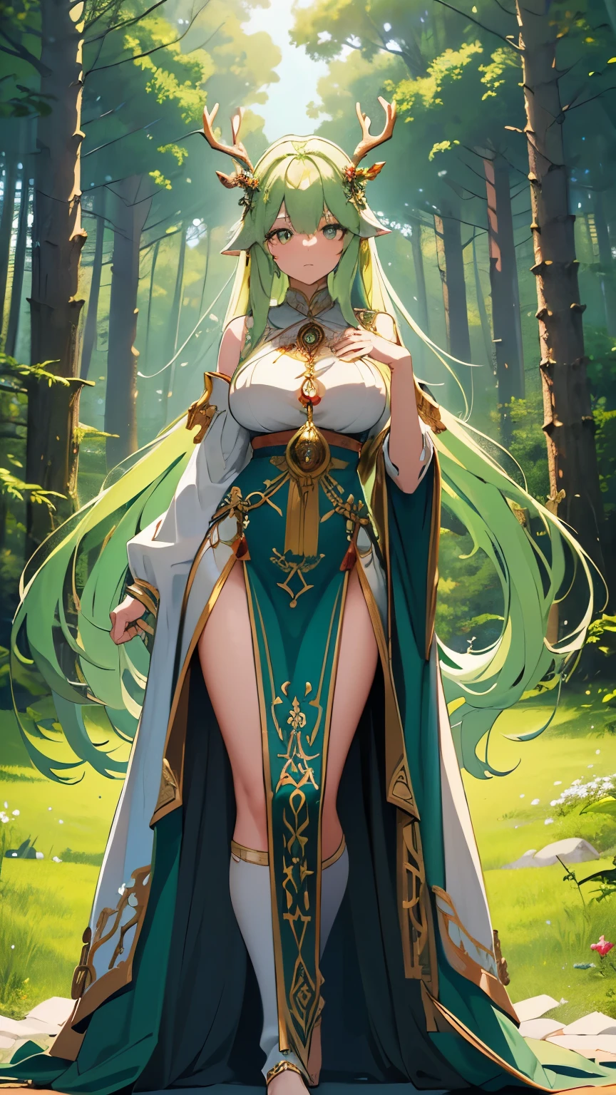 (best quality, 8k, highres, masterpiece:1.2), ultra-detailed, fullbody, female priestess, large antlers, stands, glamorous breasts, green long hair, sacred figure, symbolizing, harmony with nature, eyes exude tranquility, carry strength, majestic, intertwined, spirituality, presence brings peace, balance, earning respect, forest spirits