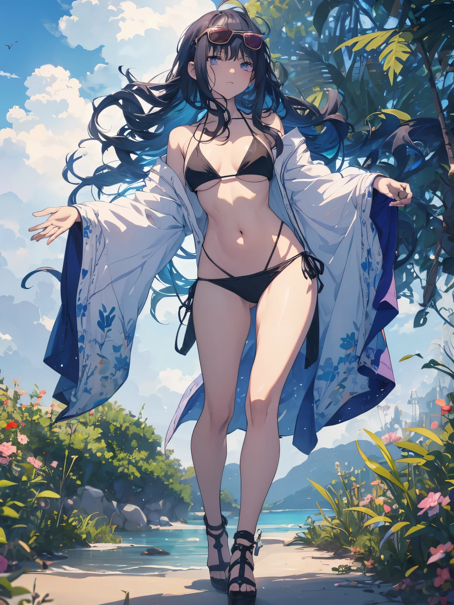 White off-the-shoulder bikini on the beach in Palau(Bikini without shoulder straps、No shoulder strap、show your shoulders)surreal japanese portrait,Works that influenced Antonio Lopez'technology, close the zipper, Ron Mueck, Richard Estes, and Marilyn Minter、Purple and blue gradation eyes wrapped in the mystery of the universe,(string bikini:1.2)、perfect lighting, (perfect hands, perfect anatomy)、whole body(1:2)、that'that'the wind is strong、outstanding style,Complete body balance、dynamic acid pose(1:2)、(16:Existence specialized in aspect ratio 9),sunglasses、stiletto heels
