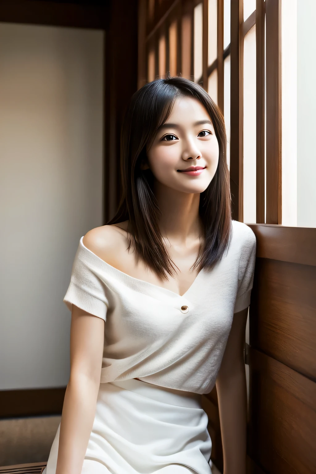 masterpiece, highest quality, Photoreal, Super detailed, finely, High resolution, 8k wallpaper, Professional, Advanced level of detail, Female college student standing on canvas stairs, Slender Japan woman, ((facing the front)), detailed clavicle, Medium chest、perfect face, straight hair, white sweater、mini flare skirt、A voyeur shot from a low angle of me sitting on the stairs.、I can see white pants、smile gently