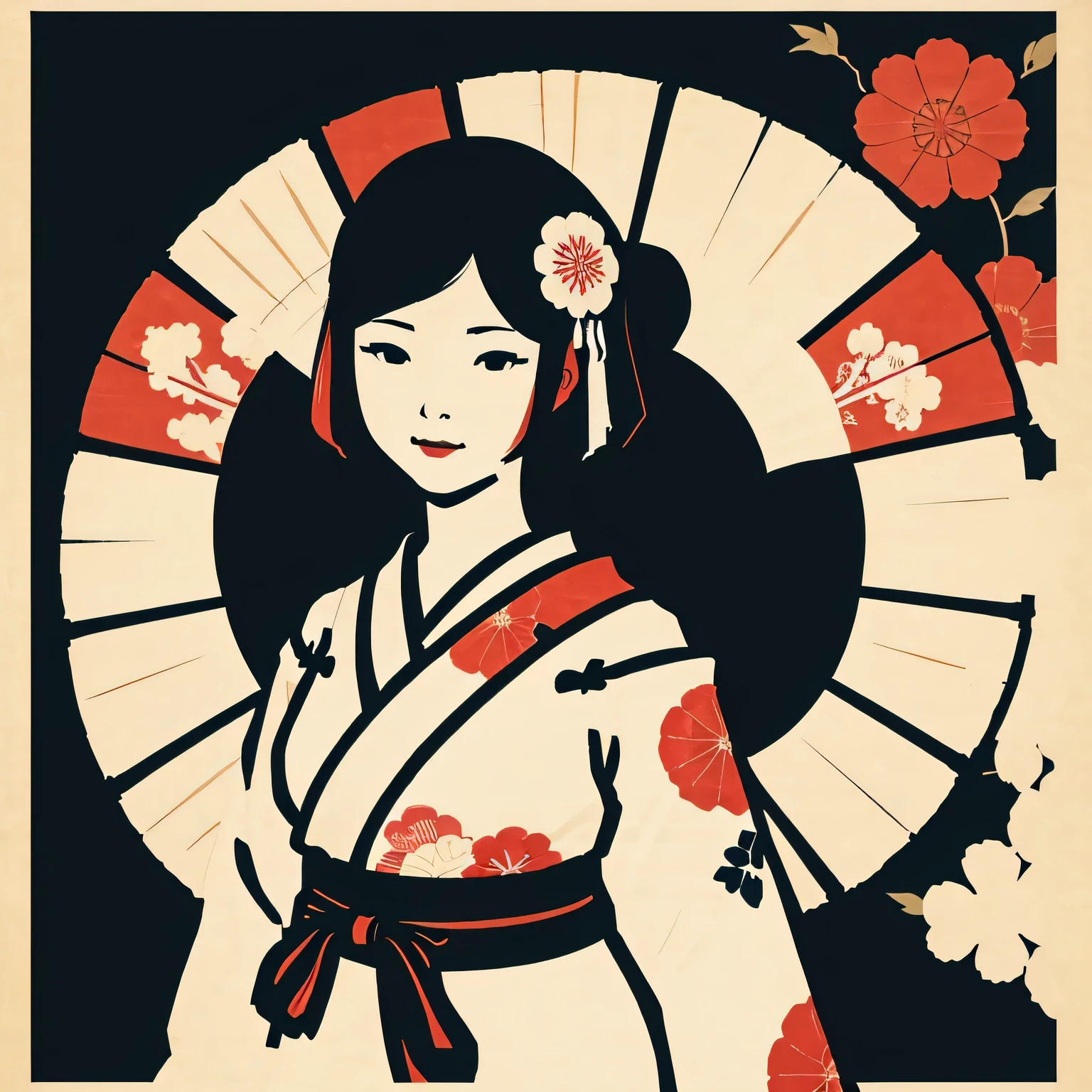 Art vintage japonais, Conception de t-shirts, art vectoriel, art plat:1,4. \\ (japonaise, en kimono, best quality, Art officiel, Beaucoup de couleurs, couleurs du japon, ukiyo-e, tenir un parasol , tient un parasol, bare shoulders, belles formes,: 1.2)