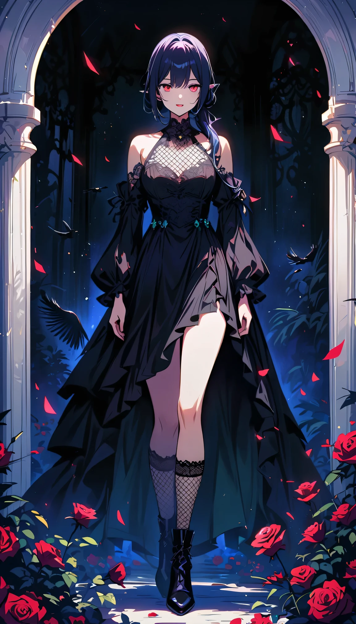 (dark atmosphere,Goethe fashion,bright colors),(best quality,Super exquisite,),Sexy goth elf girl,rose garden at night,beautiful and delicate eyes,Blue tip black straight ponytail,Crow feathers,red lipstick,mysterious smile,Pale complexion,fishnet stockings,black lace dress,Pointed-toe boots,mysterious aura,The moonlight reflects her elegant silhouette,Soft shadows and soft highlights,Contrasting colors create a vibrant atmosphere,Dark and moody color palette,Subtle yet dramatic lighting effects,Sublime darkness intertwined with exquisite moonlight