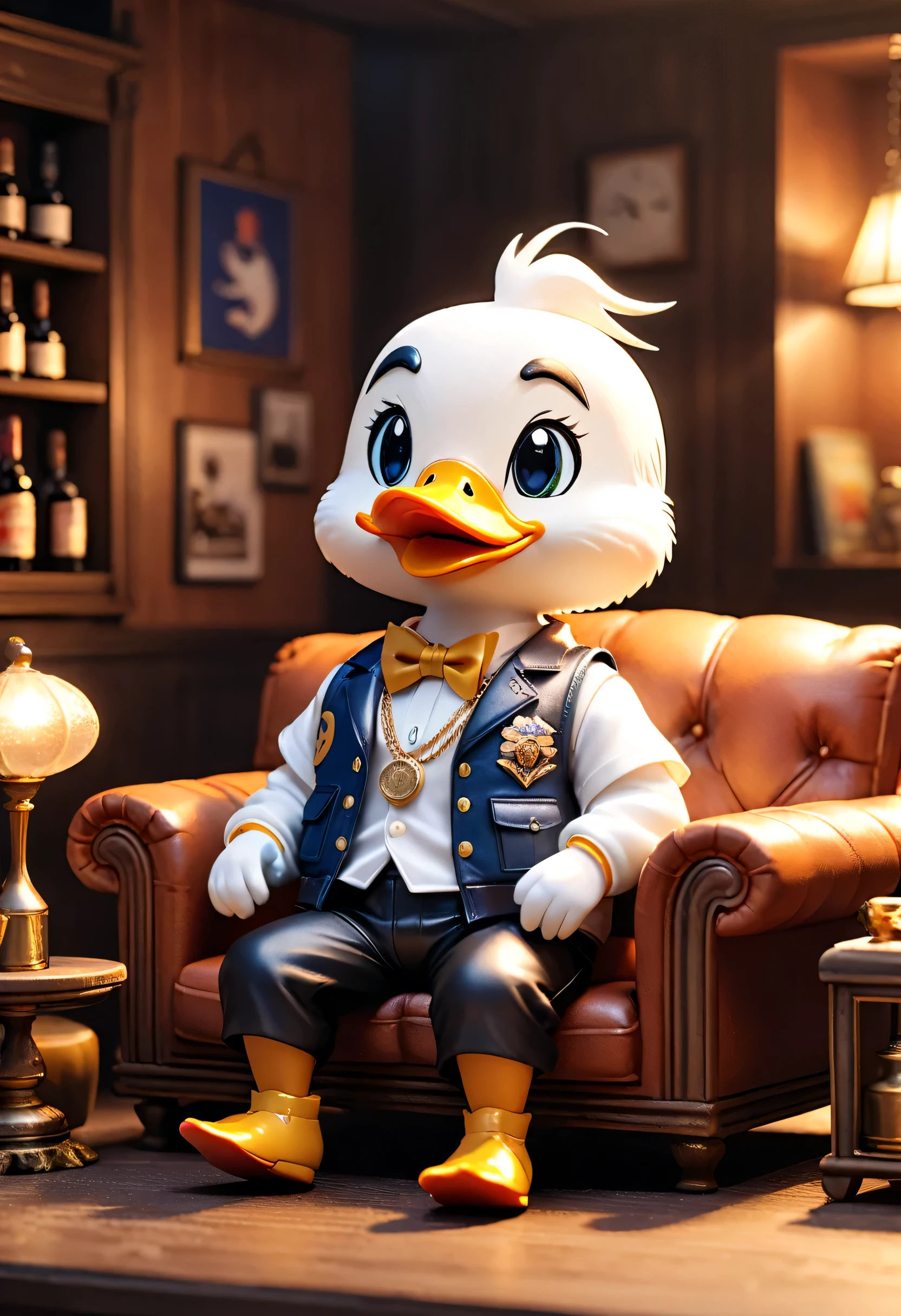 Full body Esbian、cool male duck、pop white duck、diorama、simple background、rapper、barボン、bar、sitting on the sofa、highest quality, Capture the cutest moments, written boundary depth, Super detailed, ultra high resolution, octadale, 8K, 16km race