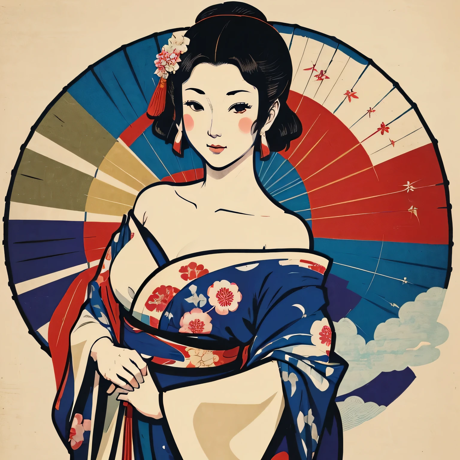 Art vintage japonais, Conception de t-shirts, art vectoriel, art plat:1,4. \\ (japonaise, en kimono, best quality, Art officiel, Beaucoup de couleurs, couleurs du japon, ukiyo-e, tenir un parasol , bare shoulders, belles formes,: 1.2)