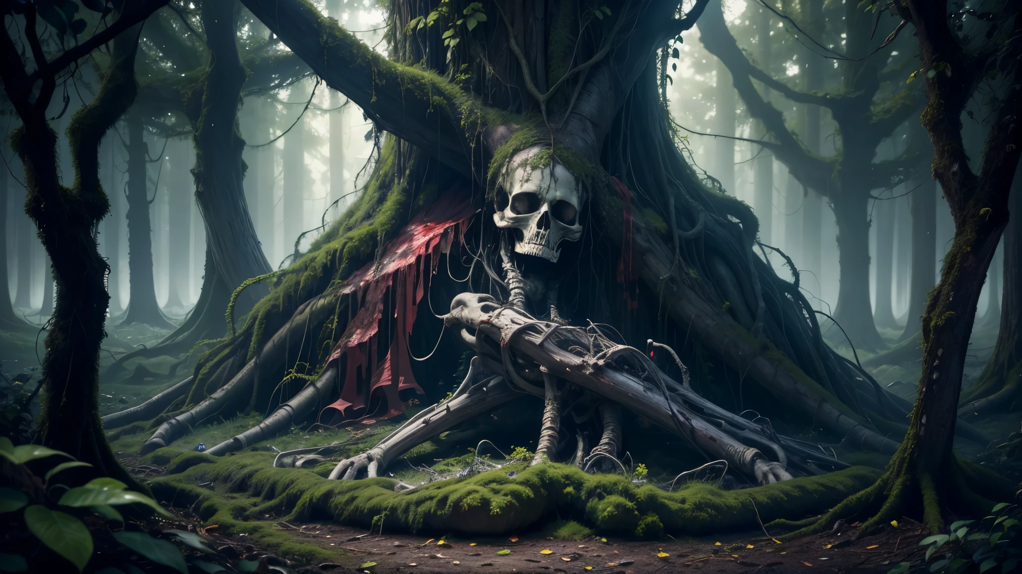 good quality, ultra high resolution，masterpiece, 8K，（reality，detail，close up）dark night sky，in the forest，On a tree covered with vines，hanging a lot，corpse，Bones，blood stains，whole body effect，（（from head to foot））