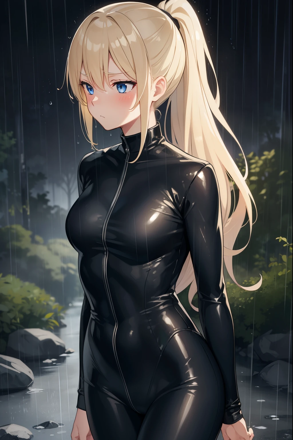Blonde,ponytail,Black tight suit,blue eyes,Large Breasts,Slender,Serious face,blush,rain,forest,night,Pichi Pichi,clearly,Streaks,1 girl,