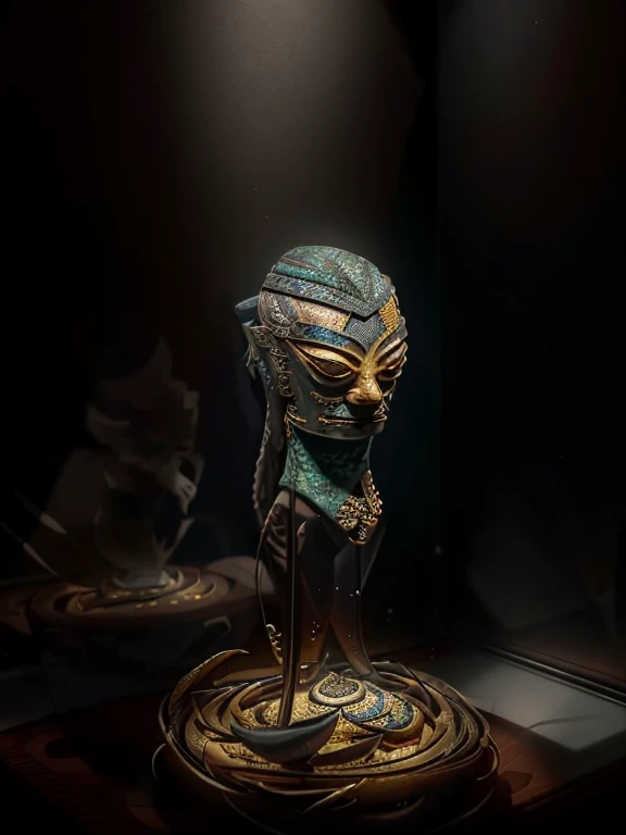 Beautiful photos of Sanxingdui cultural relics, Capture the essence of time, gold inlay process，studio lighting, Post-processing for 8K resolution. Create stunning CGI details with Unreal Engine 5, Tokusho, and visual effects, Provides cinematic shadows and lighting effects. Lighting preference is、Add a touch of brilliance, Embodies the golden ratio cubism, ultra high definition, on the table, precise, high resolution, 4K