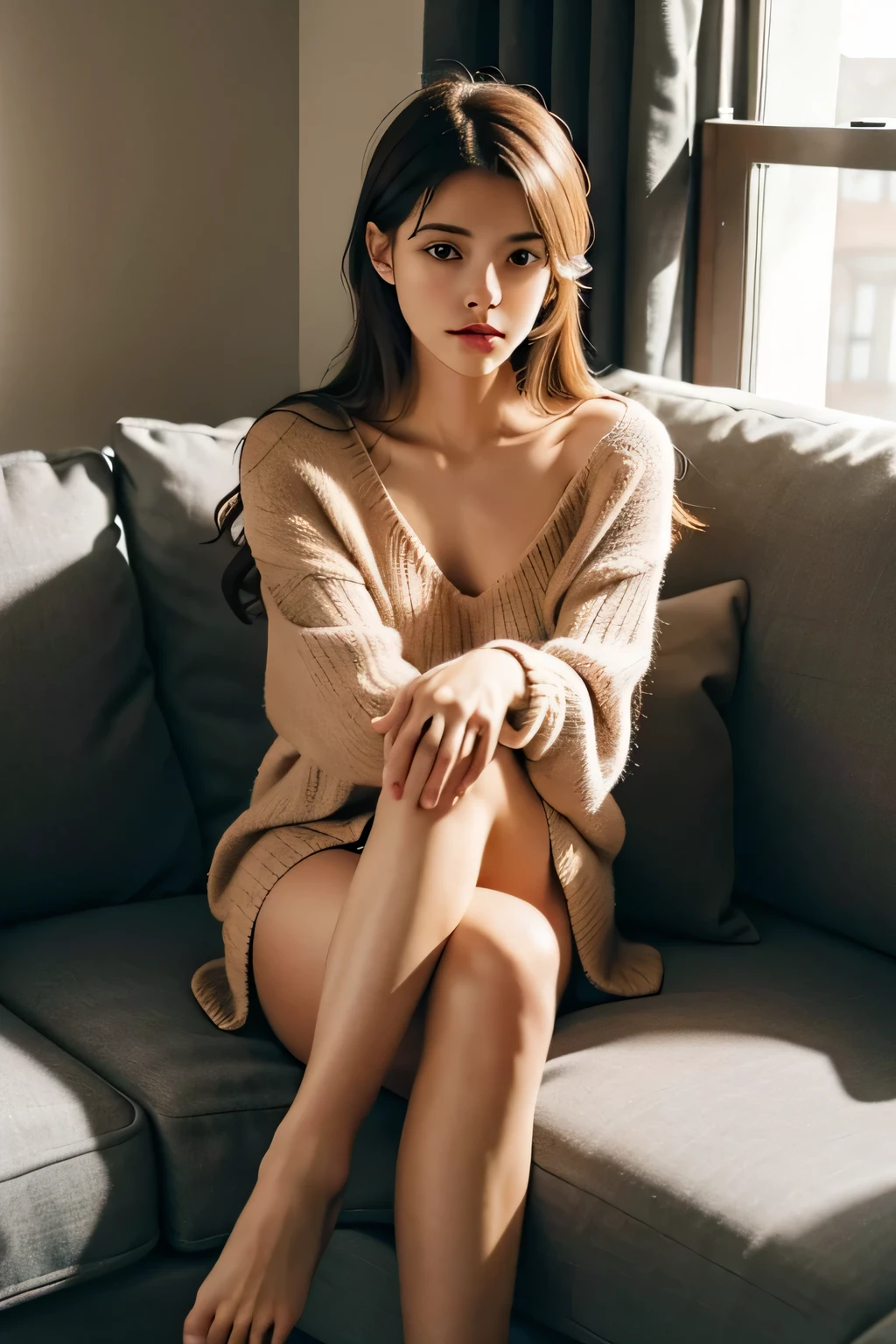 1girl,sitting on a cozy couch,crossing legs,soft light