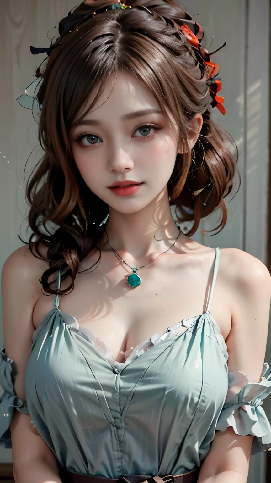 Modify hair only、Face)Light green clothes,translucent tulle,Nudity looms,Reddish-brown hair,curls,ponytail,Nice bun,Perfect hairstyle,red headdress,red eyes,red eye,red pupils,Delicate and detailed eyes,clear eyes,Red eyes,huge ,Beautiful gemstone necklace,Smile,seaside,flowers,Extremely detailed CG unified 8K wallpaper,(high dynamic range:1.4),(),(pastel colors,dim colors,soothing tones: 1.3)