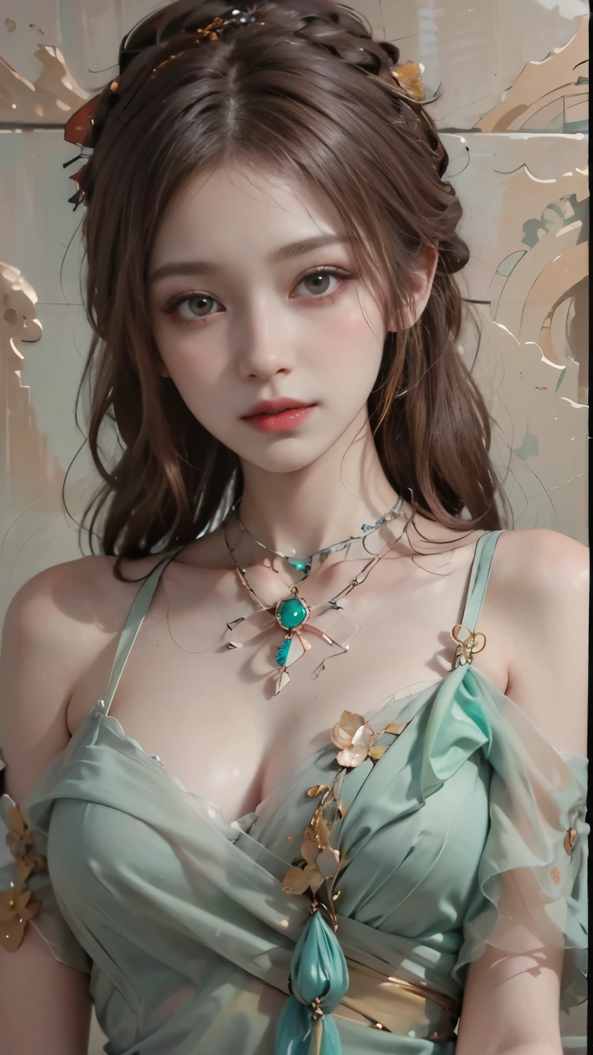 Modify hair only、Face）Light green clothes，translucent tulle，Nudity looms，Reddish-brown hair，curls，ponytail，Nice bun，Perfect hairstyle，red headdress，red eyes，red eye，red pupils，Delicate and detailed eyes，clear eyes，Red eyes，huge ，Beautiful gemstone necklace，Smile，seaside，flowers，Extremely detailed CG unified 8K wallpaper，（high dynamic range：1.4），（），（pastel colors，dim colors，soothing tones： 1.3）