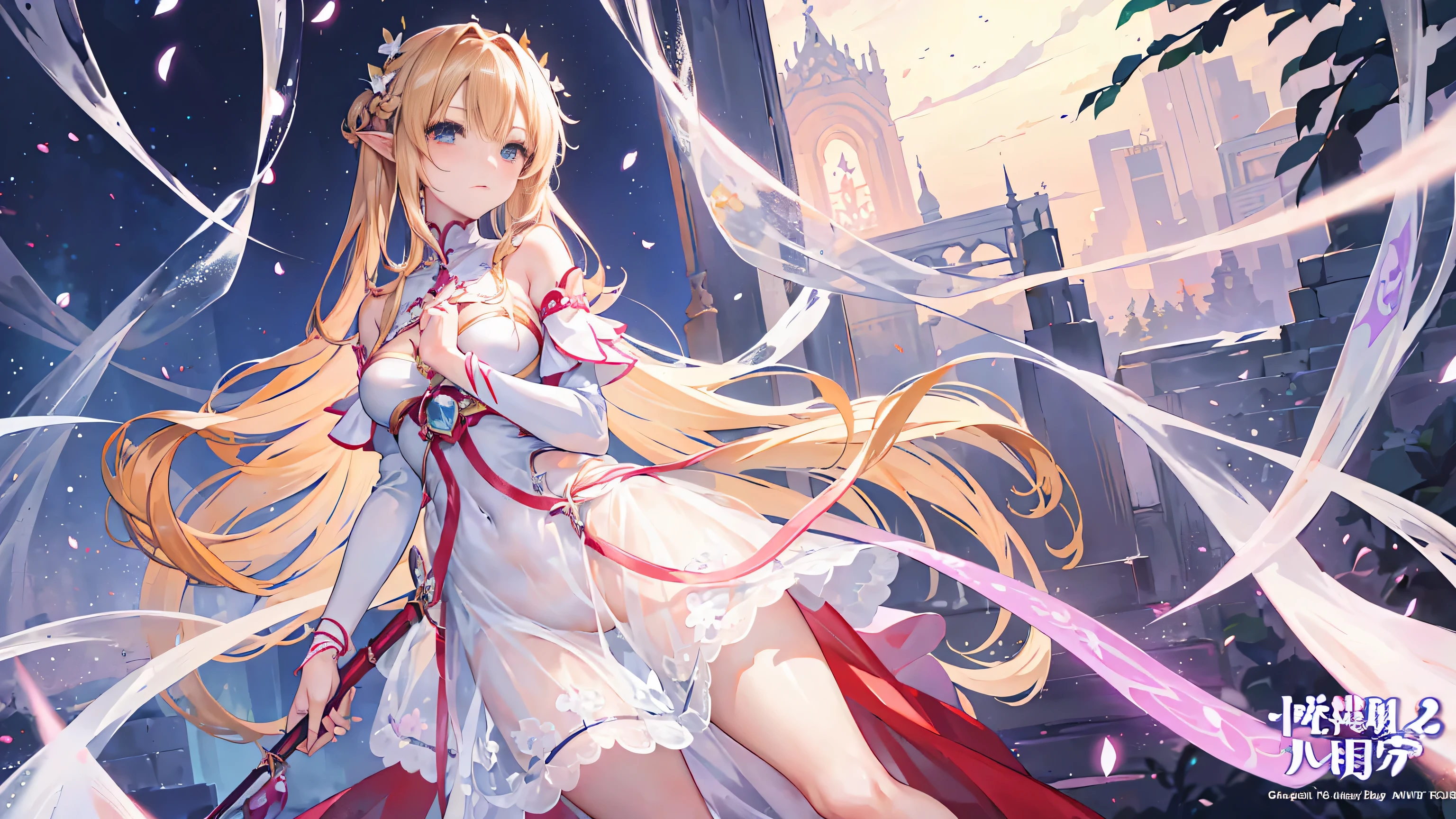 A graceful elf girl stands in a meadow, her delicate features illuminated by the soft light of the setting sun. Her long, flowing hair cascades down her back, adorned with intricate braids and adorned with sparkling jewels. This stunning painting captures the ethereal beauty of elves. Her slender figure in a silk dress sways in the soft meadow breeze. The artist's attention to detail is evident in the intricate patterns of her dress and the subtle highlights of her luminescence. skin. This breathtaking depiction of an elf girl exudes a sense of enchantment and transports the viewer to a magical world. The beautiful elf magician is awe-inspiring as she holds a magician's staff, uses fireball magic, and is about to defeat the Demon King with explosion magic., If you pull up your skirt, you can see your see-through panties and it will be embarrassing., (A superb exquisite Asuna Yuuki),(Asuna Yuuki:1.5), long hair, brown hair, streaked hair, brown eyes, star-shaped pupils, straight bangs, solo, nature, extremely delicate, straight facial features, peerless beautiful girl, soft, (sensual face), ((ecchi face)), dreamy quality, exaggerated facial features, solid color, frank holly, delicate face, bright lips, slender waist, soft curves, real light and shadow, super fine, 4k, natural moving, Ultra high resolution, (masterpiece:1.2, best quality), (finely detailed beautiful eyes: 1.2), (beautiful detailed face), detailed anime artwork, clean detailed anime art, detailed digital anime art, detailed anime art, beautiful anime portrait, beautiful anime girl, beautiful anime artwork, beautiful anime art, beautiful anime style, detailed portrait of anime girl, anime girl, beautiful anime, anime illustration,Medium chest, slender body,unparalleled beauty sexy and very beautiful face、Super long silky shiny blonde hair、long swaying bangs、Sexy 、beautiful cute pearl eyes beautiful girl、Silky skin、Very big blue eyes, see-through brassiere and panties,