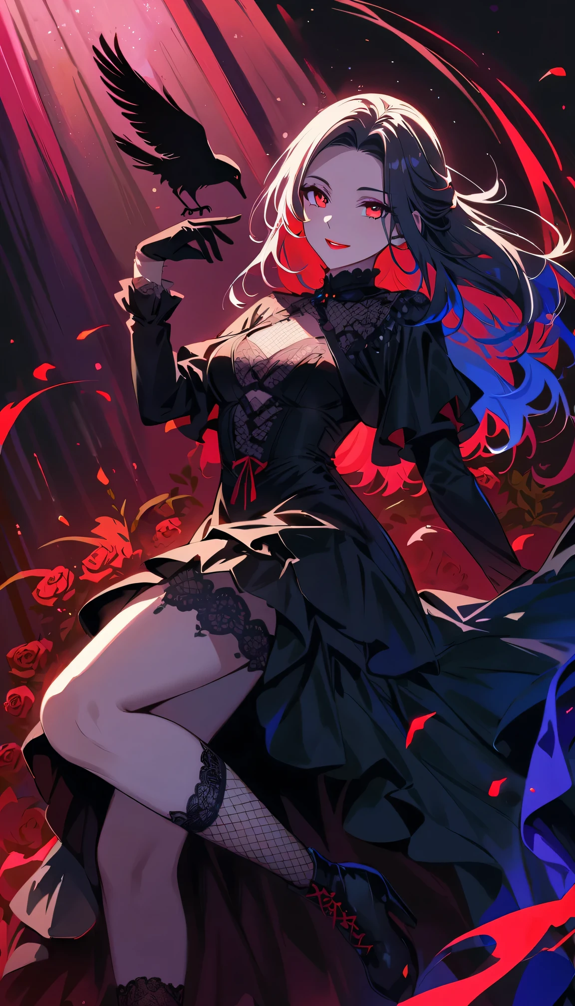 (dark atmosphere,Goethe fashion,bright colors),(best quality,Super exquisite,),Sexy goth elf girl,rose garden at night,beautiful and delicate eyes,Blue tip black straight ponytail,Crow feathers,red lipstick,mysterious smile,Pale complexion,fishnet stockings,black lace dress,Pointed-toe boots,mysterious aura,The moonlight reflects her elegant silhouette,Soft shadows and soft highlights,Contrasting colors create a vibrant atmosphere,Dark and moody color palette,Subtle yet dramatic lighting effects,Sublime darkness intertwined with exquisite moonlight
