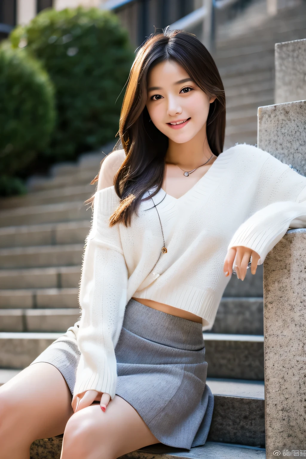 masterpiece, highest quality, Photoreal, Super detailed, finely, High resolution, 8k wallpaper, Professional, Advanced level of detail, Female college student sitting on canvas stairs outside, slender Japanese woman, ((facing the front)), detailed clavicle, Medium chest、perfect face, straight hair, white sweater、mini flare skirt、A voyeur shot of me sitting on the stairs from a low angle..、I can see white pants、smile gently