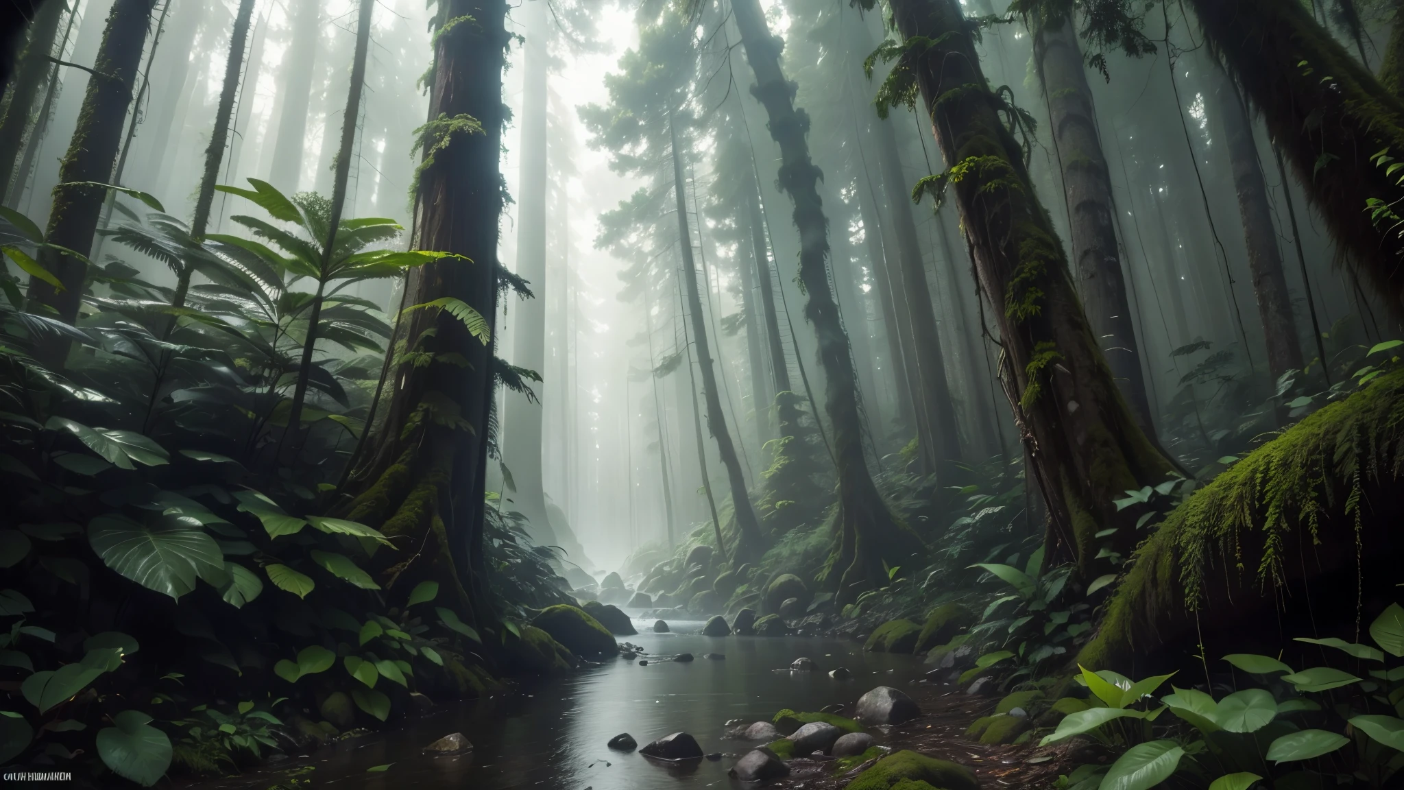 good quality, ultra high resolution,masterpiece, 8K,(reality,detail)with dense woods,Rainforest,Dark corners,