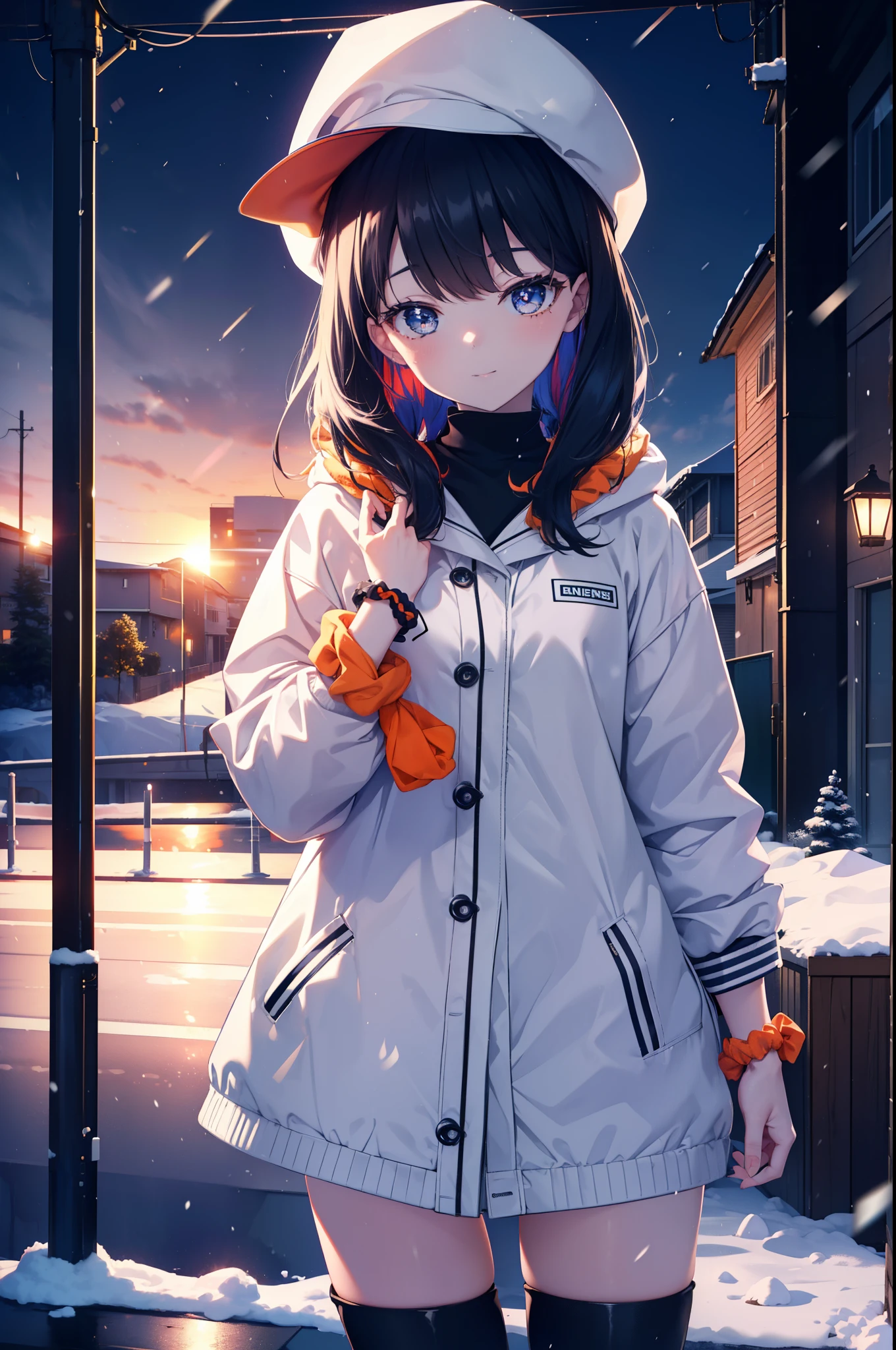 It&#39;s a good body, rikka takarada, black hair, blue eyes, long hair, orange Scrunchie, Scrunchie, wrist Scrunchie,knit hat happy smile, smile, open your mouth,white long coat, turtleneck, black long skirt,short boots,winter,snow is falling,It&#39;s snowing,evening,夕日
break indoors,In town,residential street,
break looking at viewer, (cowboy shot:1.5),
break (masterpiece:1.2), highest quality, High resolution, unity 8k wallpaper, (figure:0.8), (detailed and beautiful eyes:1.6), highly detailed face, perfect lighting, Very detailed CG, (perfect hands, perfect anatomy),