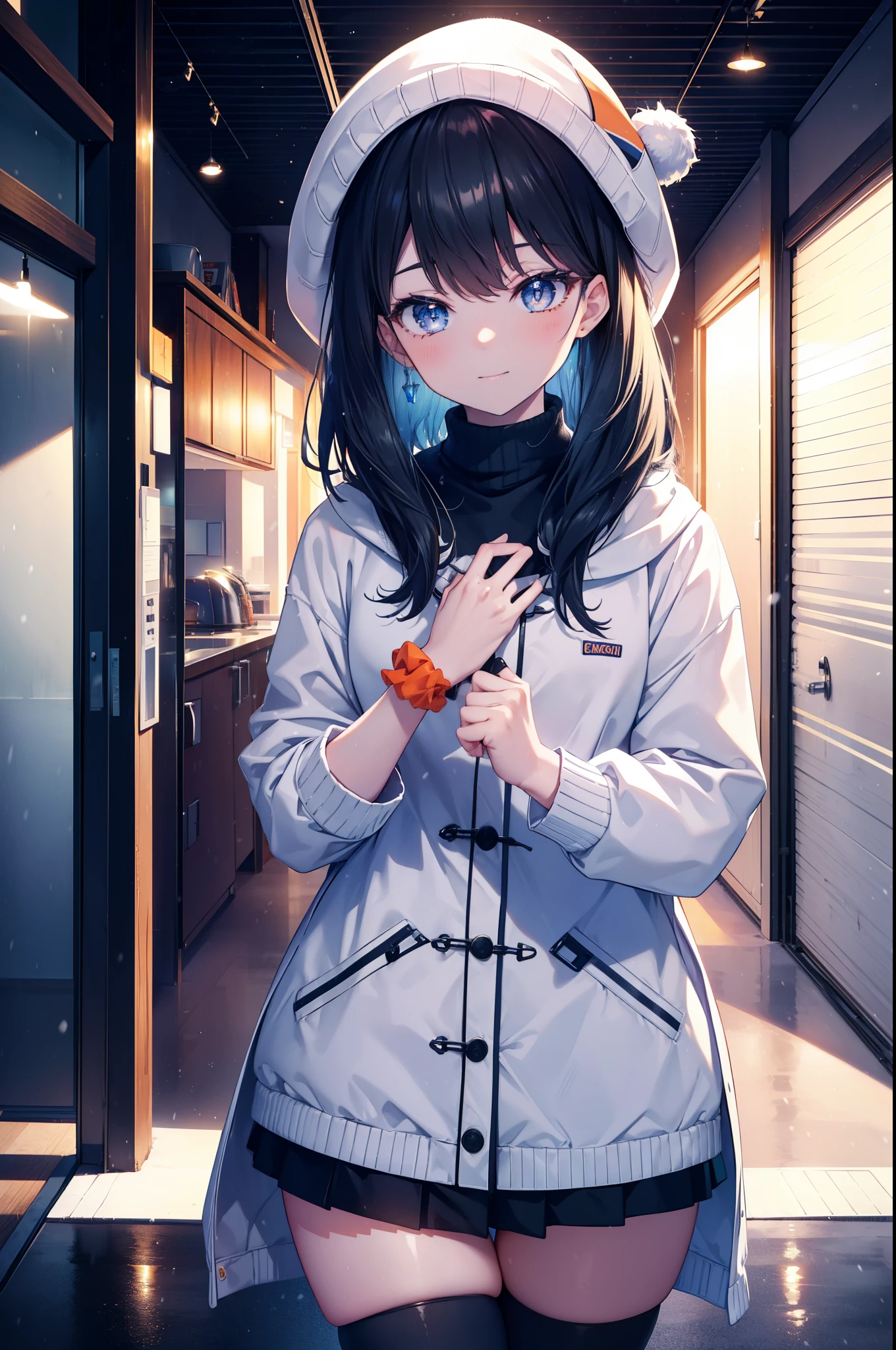 It&#39;s a good body, rikka takarada, black hair, blue eyes, long hair, orange Scrunchie, Scrunchie, wrist Scrunchie,knit hat happy smile, smile, open your mouth,white long coat, turtleneck, black long skirt,short boots,winter,snow is falling,It&#39;s snowing,evening,夕日
break indoors,In town,residential street,
break looking at viewer, (cowboy shot:1.5),
break (masterpiece:1.2), highest quality, High resolution, unity 8k wallpaper, (figure:0.8), (detailed and beautiful eyes:1.6), highly detailed face, perfect lighting, Very detailed CG, (perfect hands, perfect anatomy),