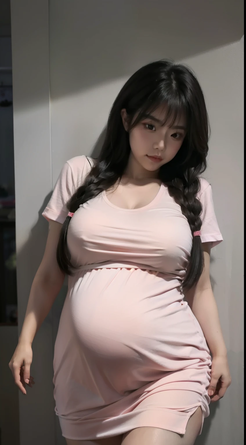 A Chinese woman on the background wall, fluffy hair, delicate face, bright, real girl, large aperture, wearing a mid-length T-shirt dress, letter T-shirt, body curvaceous, perfect curves, macro shooting, plump, slightly fat, very plump, (huge pregnant), sexy, looking at you, good-looking eyes,