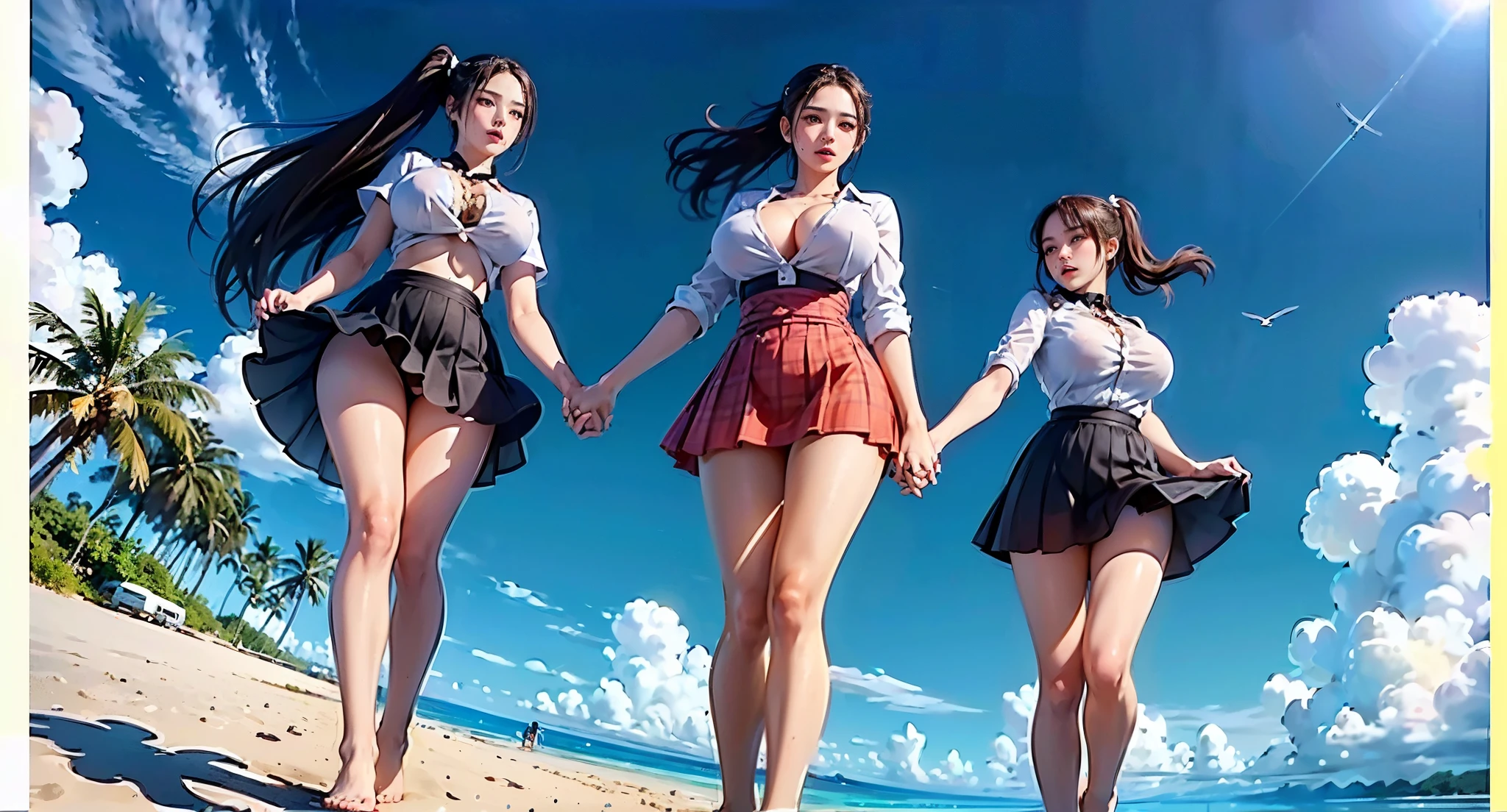 ((4 girls ，Walking hand in hand on the beach，Look up at the sky，Photographed from below))，((wearing white shirt，short skirt，no shoes，high ponytail，big breasts))，((8k+ultra high resolution+ultra high definition+masterpiece+detailed)),(perfect face+supermodel+Delicate skin),[[[muscle]]],(((Anatomically correct))) ,