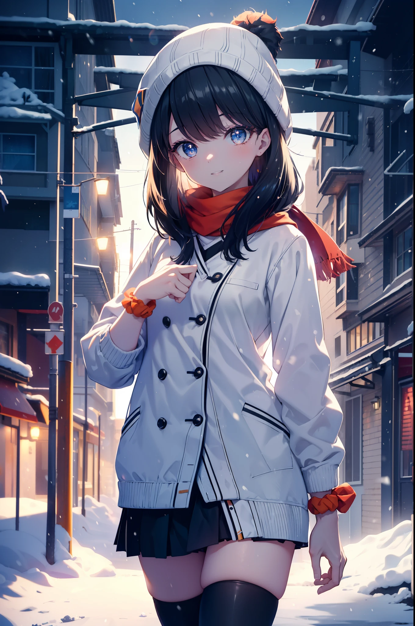 It&#39;s a good body, rikka takarada, black hair, blue eyes, long hair, orange Scrunchie, Scrunchie, wrist Scrunchie,knit hat happy smile, smile, open your mouth,Red Scarf,white long coat, turtleneck, black long skirt,short boots,winter,snow is falling,It&#39;s snowing,evening,夕日
break indoors,In town,residential street,
break looking at viewer, (cowboy shot:1.5),
break (masterpiece:1.2), highest quality, High resolution, unity 8k wallpaper, (figure:0.8), (detailed and beautiful eyes:1.6), highly detailed face, perfect lighting, Very detailed CG, (perfect hands, perfect anatomy),