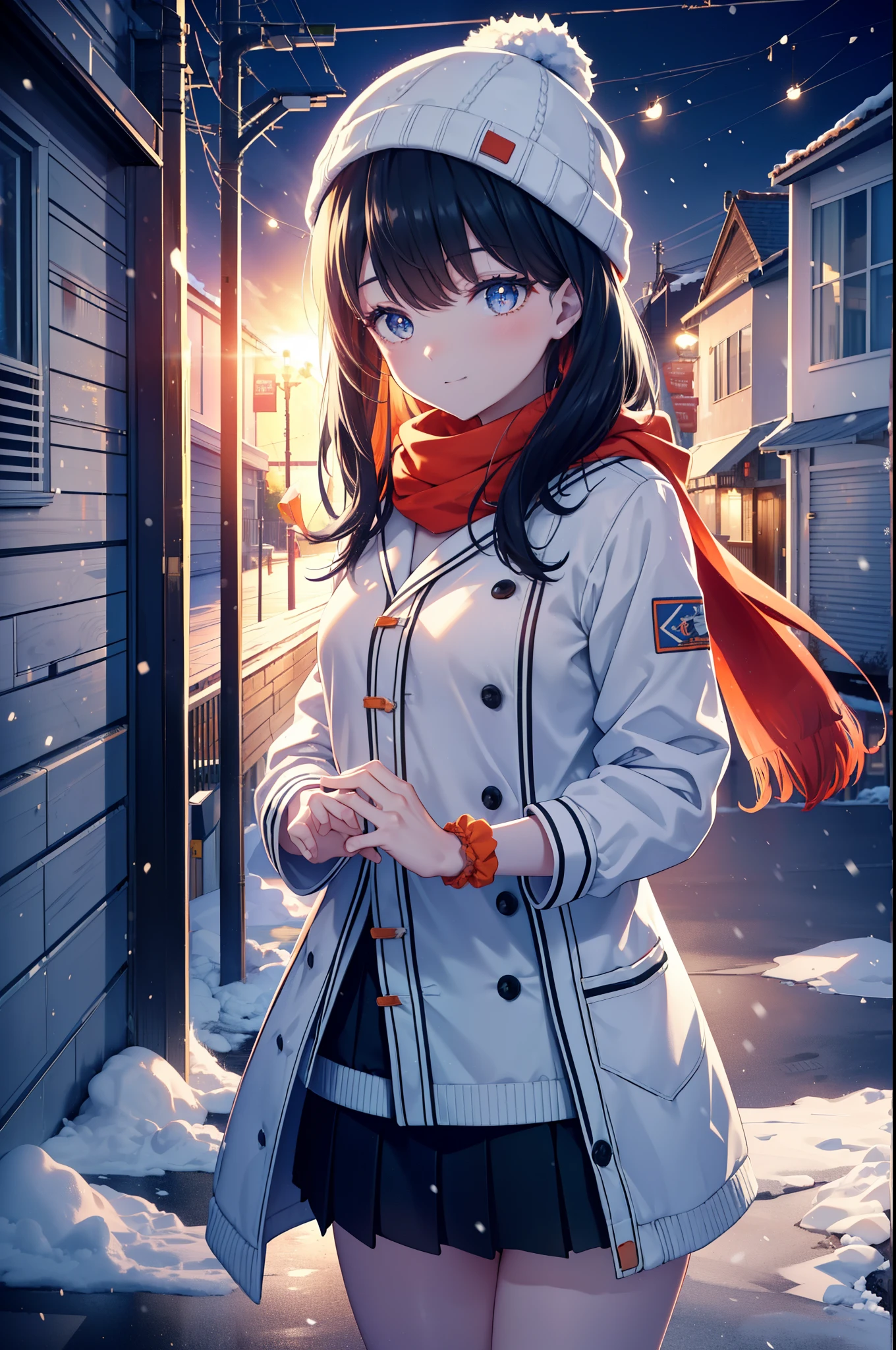 It&#39;s a good body, rikka takarada, black hair, blue eyes, long hair, orange Scrunchie, Scrunchie, wrist Scrunchie,knit hat happy smile, smile, open your mouth,Red Scarf,white long coat, turtleneck, black long skirt,short boots,winter,snow is falling,It&#39;s snowing,evening,夕日
break indoors,In town,residential street,
break looking at viewer, (cowboy shot:1.5),
break (masterpiece:1.2), highest quality, High resolution, unity 8k wallpaper, (figure:0.8), (detailed and beautiful eyes:1.6), highly detailed face, perfect lighting, Very detailed CG, (perfect hands, perfect anatomy),