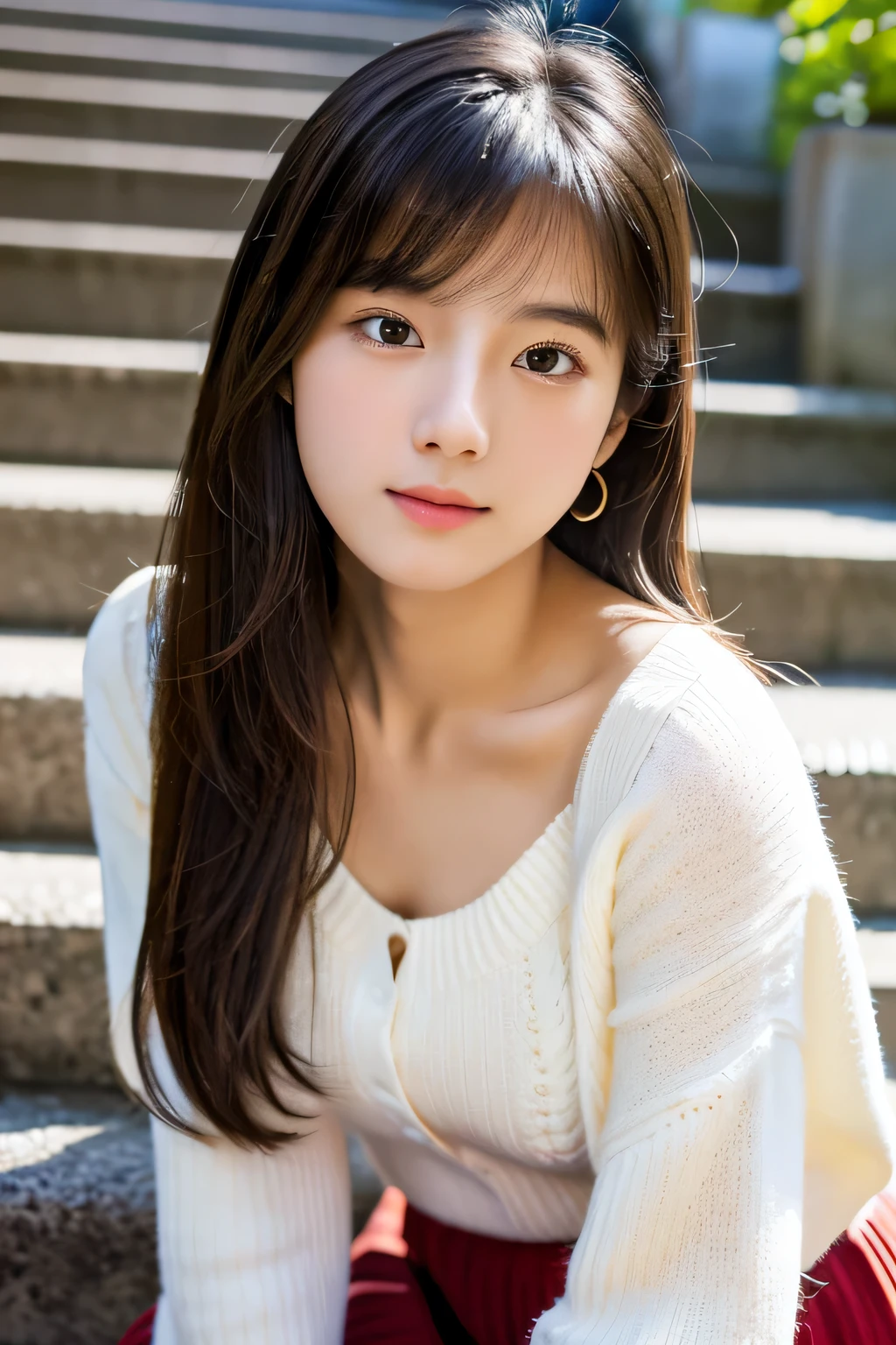 masterpiece, highest quality, Photoreal, Super detailed, finely, High resolution, 8k wallpaper, Professional, Advanced level of detail, Female college student sitting on canvas stairs outside, Slender Japan woman, ((facing the front)), detailed clavicle, Medium chest、perfect face, straight hair, white sweater、mini flare skirt、Morning face wash