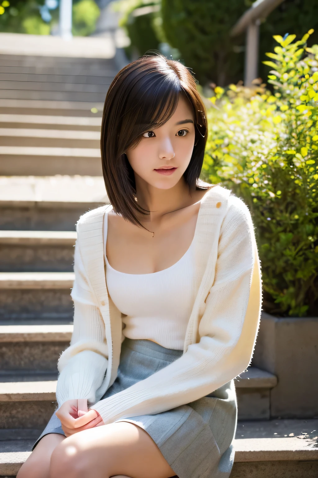 masterpiece, highest quality, Photoreal, Super detailed, finely, High resolution, 8k wallpaper, Professional, Advanced level of detail, Female college student sitting on canvas stairs outside, Slender Japan woman, ((facing the front)), detailed clavicle, Medium chest、perfect face, straight hair, white sweater、mini flare skirt、Morning face wash