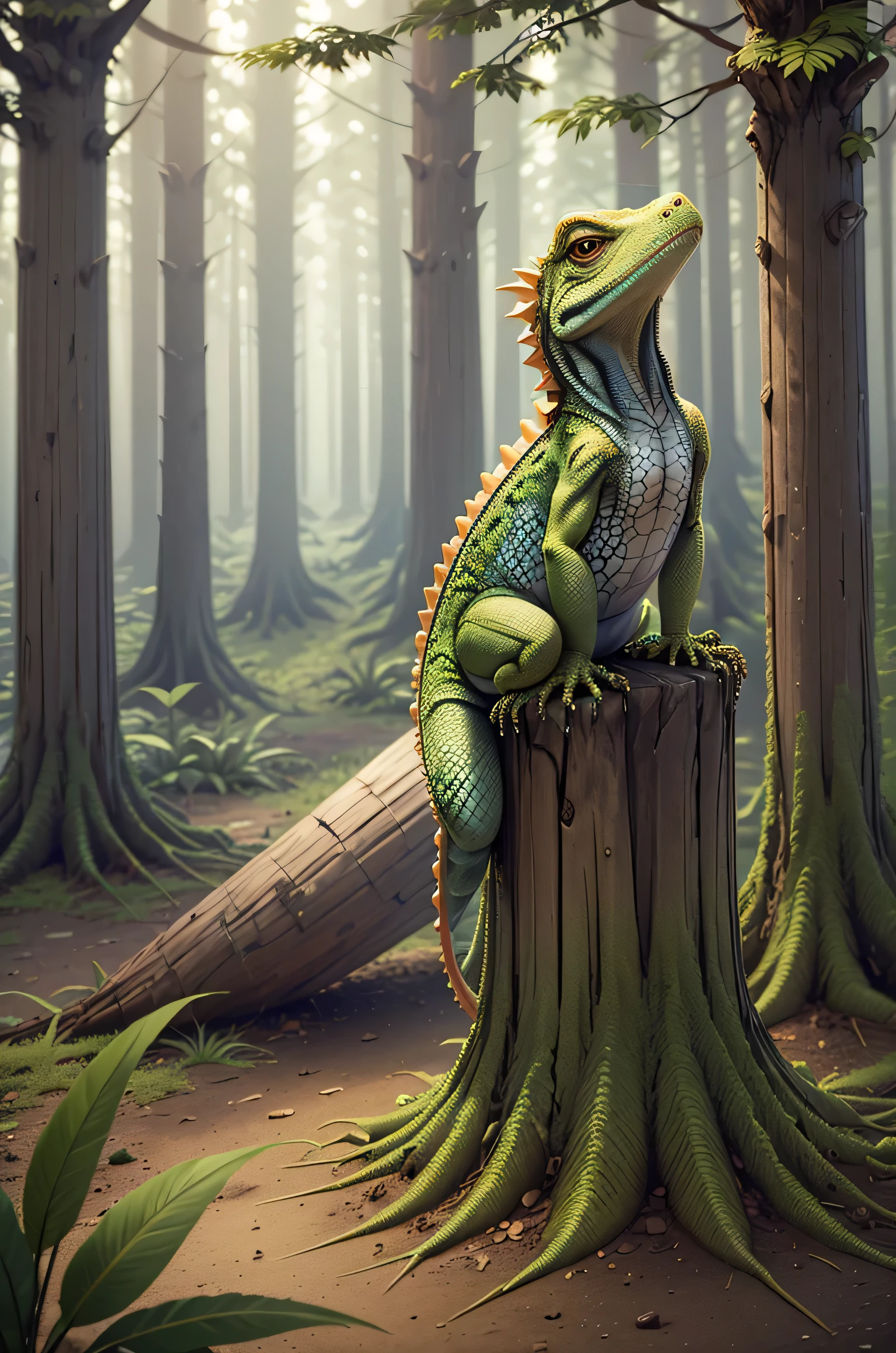 A lizard sitting on a wooden post in the forest,ultra high definition,4K