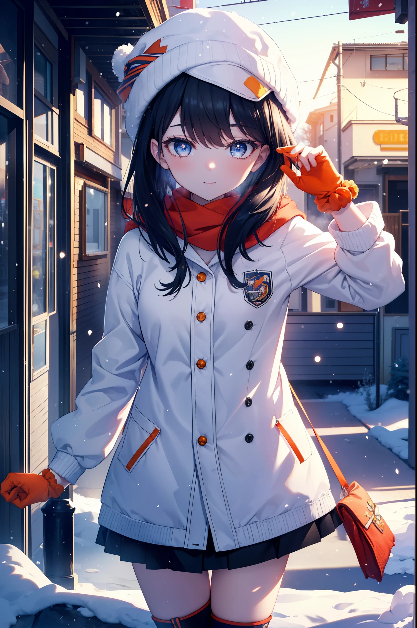 It's a good body, rikka takarada, black hair, blue eyes, long hair, orange Scrunchie, Scrunchie, wrist Scrunchie,knit hat happy smile, smile, open your mouth,Red Scarf,white fluffy long coat, fluffy red gloves,turtleneck, black long skirt,short boots,winter,snow is falling,It's snowing,evening,夕日
break indoors,In town,residential street,
break looking at viewer, (cowboy shot:1.5),
break (masterpiece:1.2), highest quality, High resolution, unity 8k wallpaper, (figure:0.8), (detailed and beautiful eyes:1.6), highly detailed face, perfect lighting, Very detailed CG, (perfect hands, perfect anatomy),
