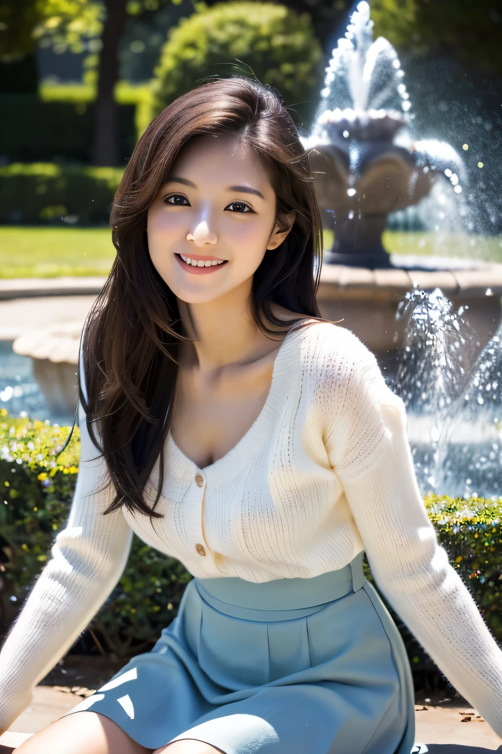 masterpiece, highest quality, Photoreal, Super detailed, finely, High resolution, 8k wallpaper, Professional, Advanced level of detail, Female college student sitting in front of a fountain in the park, slender Japanese woman, ((facing the front)), detailed clavicle, Medium chest、perfect face, straight hair, white sweater、mini flare skirt、gentle smile