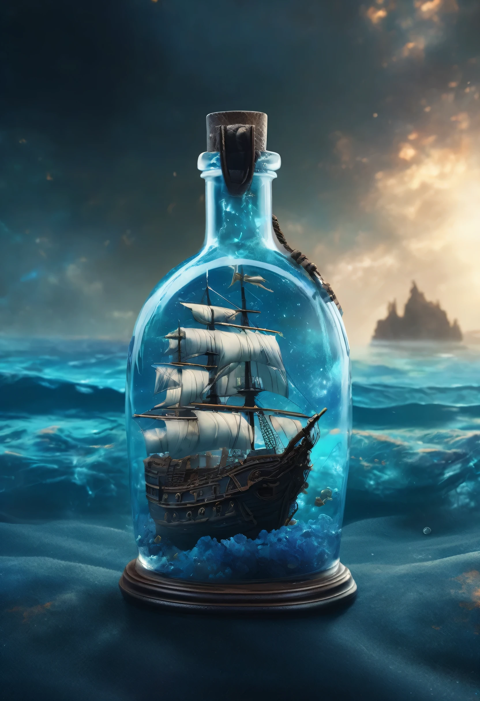 a glass bottle on its side containing a translucent blue nebula Sea and Majestic Pirate Ship, ethereal, Cinematic, backlit, eerie Trending on Artstation, ultra detailed, matte painting, photo, arnold renderer Imported for testing. Come back. Creative and then upbeta.