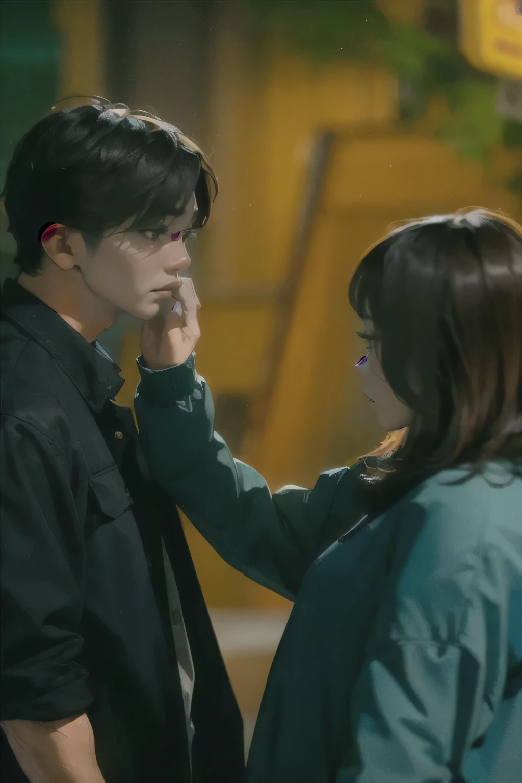 A man and a woman are standing together and the woman is touching the man&#39;cheek, Highlight scenes from the movie, Doyoung Kim, screenshot from a movie, Still starring in live action movies, still in the movie, 8K matte, a scene from a movie, 실사 a scene from a movie, still in the movie, romantic lead, high quality movie stills, Filming in a movie