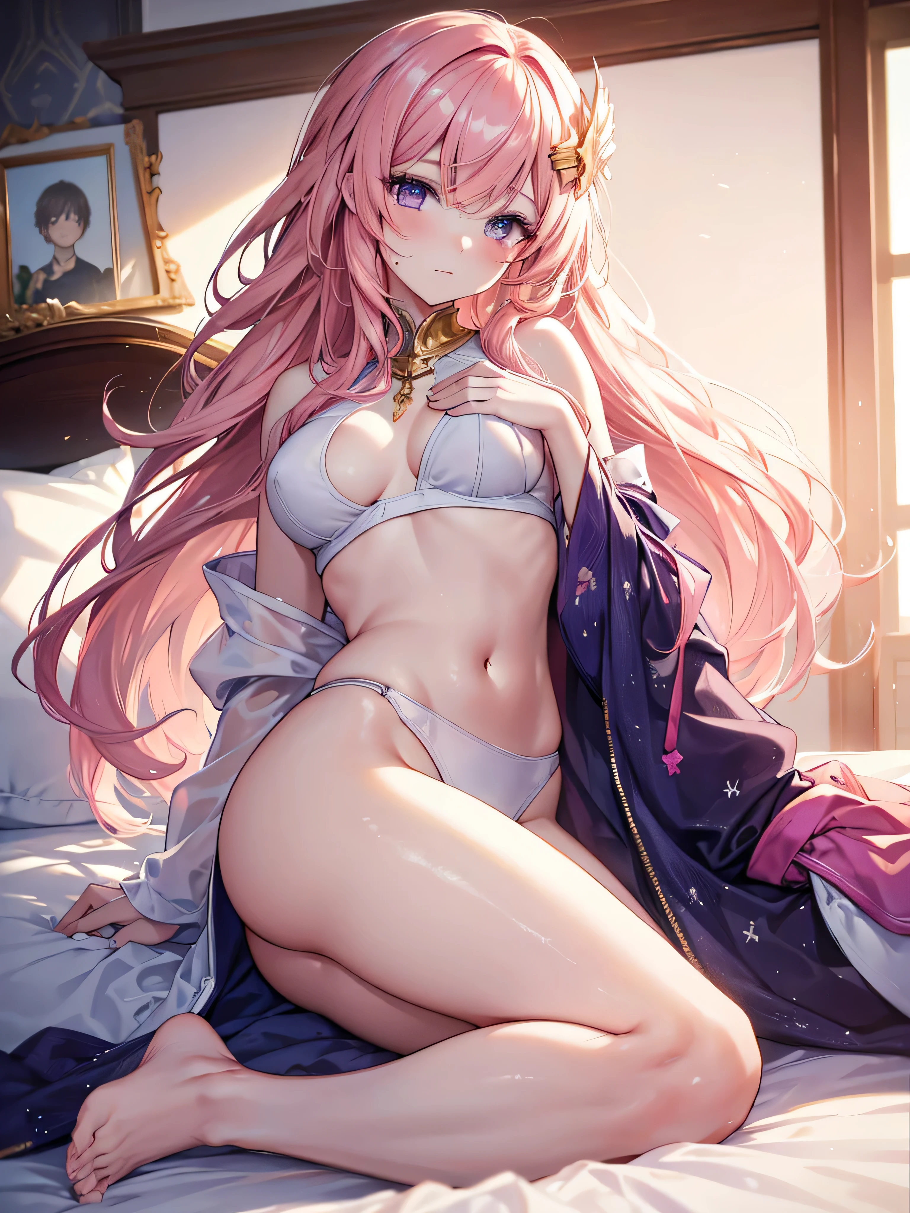 masterpiece, highest quality, super detailed, ultra high resolution, realistic, 8K, highest quality, masterpiece, best image quality, Super detailed, ultra high resolutionolution, realistic描写, anime, comics, long hair (She is wearing a simple gold hair ornament.), pink hair, purple eyes, 1 girl, alone, looking at the viewer, Highly detailed art buds, official artwork, shiny skin, shiny skin, professional lighting, sweaty feet, seductive pose, chest strengthening, young face, cute face, slender body shape, Highly detailed face and skin texture, fine eyes, double eyelid, Whitening skin, Body Gloss, sexy, pink cheeks, think back,
Bedroom, on the bed, whole body from head to toe, sexy underwear, A face that looks like it's about to cry