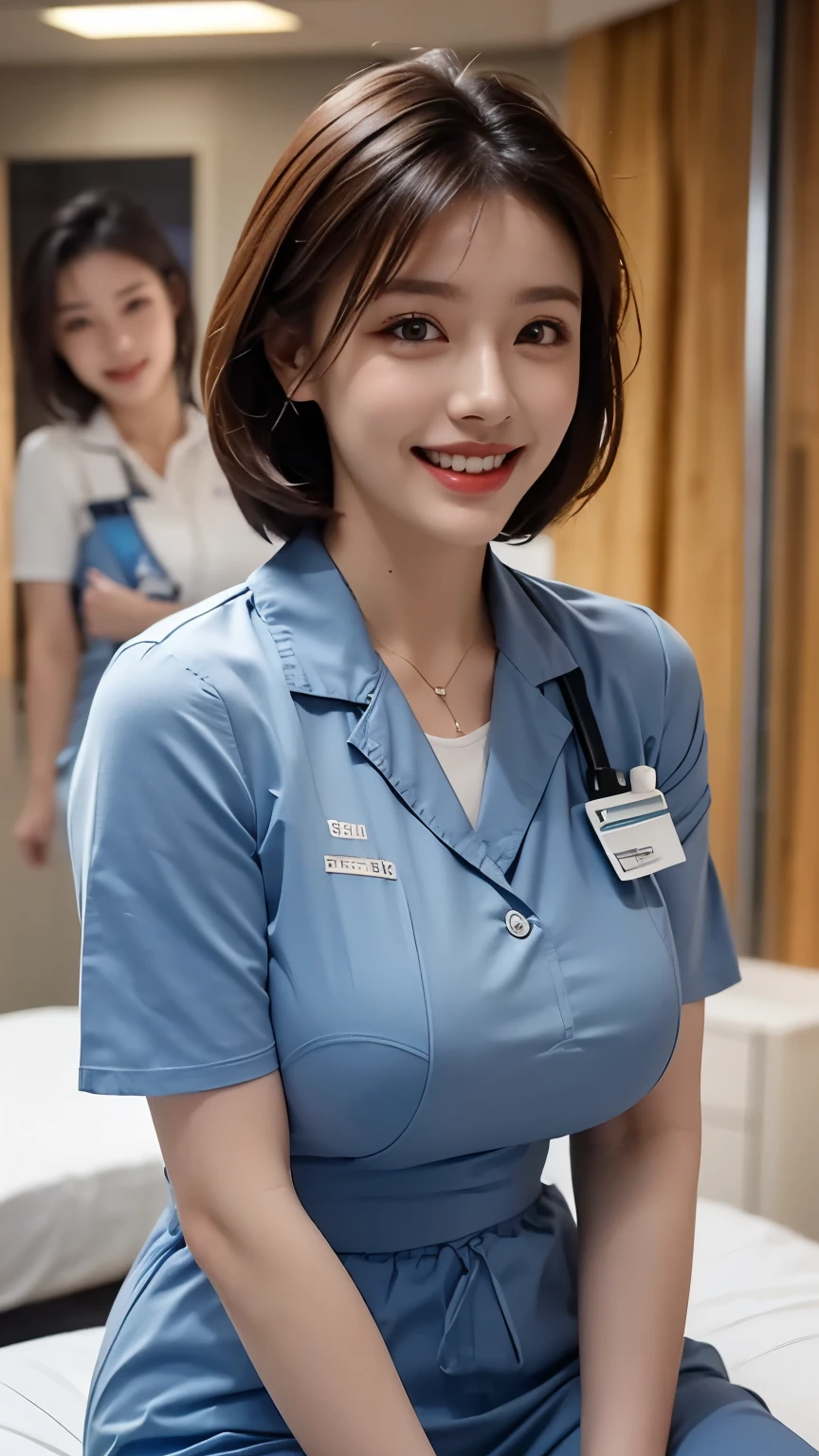 (One ultimate beautiful mature woman), experienced nurse, very detailed顔, detailed lips, detailed eye, double eyelid, brunette updo, (grin and laugh), ((beautiful teeth)), (((wearing a blue nurse uniform)))), big breasts, (thighs thighs thighs),  perfect fit, perfect body, perfect face, (((background: Hospital room with lots of medical equipment)))、(Depth of bounds written), Perfect image realism, With detailed background, detailed costume, perfection、hyper realism、Photoreal、8K maximum resolution, (masterpiece), very detailed, Professional