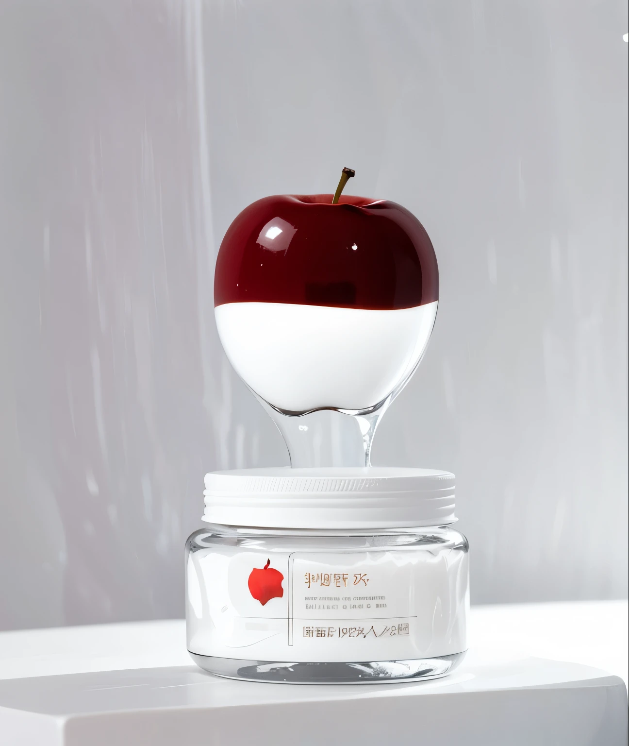 There is a red apple sitting on top of a transparent jar, Professional product photography, Hours 576, product photo, Product-View, Transparent, vibrant, glowing skin, volumetric light water, Fair, smooth and translucent skin, yanjun chengt, product photo, Dramatic product shots, 4 liters, High quality theme rendering，milk