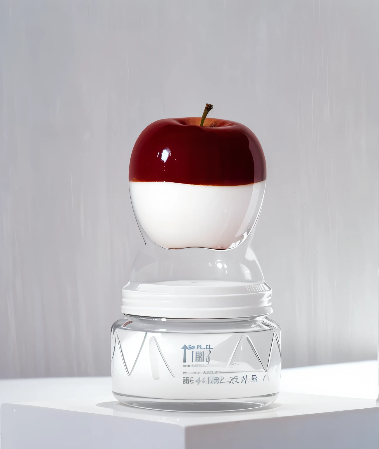 There is a red apple sitting on top of a transparent jar, Professional product photography, Hours 576, product photo, Product-View, Transparent, vibrant, glowing skin, volumetric light water, Fair, smooth and translucent skin, yanjun chengt, product photo, Dramatic product shots, 4 liters, High quality theme rendering,milk