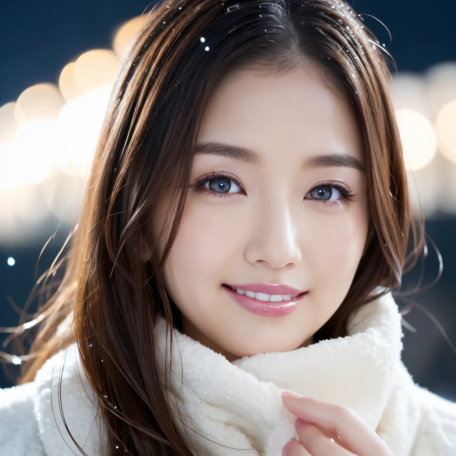 ((highest quality、table top、8K、best image quality、Award-winning work))、one beautiful woman、look at me and smile、(close up of face:1.6)、(The perfect and most natural long muffler:1.2)、(elegant thick coat:1.1)、epic movie lighting、(romantic love feelings:1.1)、(The most romantic and moody atmosphere:1.1)、winter city、Snow scenery of the city、(The snow in the air sparkles finely:1.1)、(that'It's snowing heavily:1.1)、(Tyndall effect:1.1)、(Night view of a snowy city:1.2)、Shining beautiful skin、(accurate anatomy:1.1)、Ultra high definition beauty face、long eyelashes、natural makeup、ultra high definition hair、ultra high resolution eyes、(超高解像度でShining beautiful skin:1.1)、Super high resolution glossy lips、radiant beautiful skin、(Super high resolution perfect beautiful teeth:1.1)