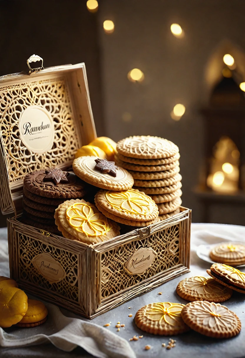 food photography. hampers box with cookies. Ramadan vibes, realistic, 32k, cinematic light