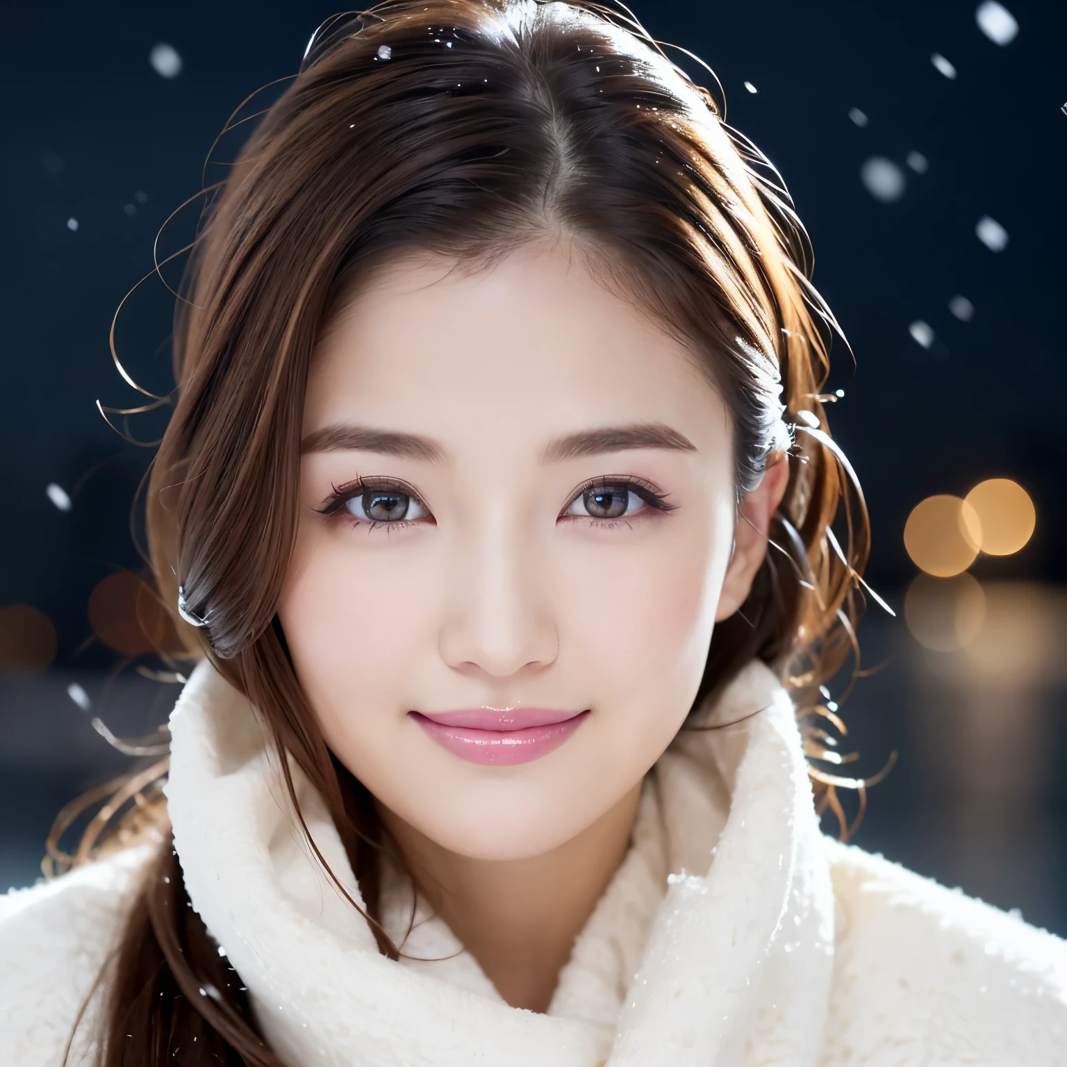 ((highest quality、table top、8K、best image quality、Award-winning work))、one beautiful woman、look at me and smile、(close up of face:1.6)、(The perfect and most natural long muffler:1.2)、(elegant thick coat:1.1)、epic movie lighting、(romantic love feelings:1.1)、(The most romantic and moody atmosphere:1.1)、winter city、Snow scenery of the city、(The snow in the air sparkles finely:1.1)、(that&#39;It&#39;s snowing heavily:1.1)、(Tyndall effect:1.1)、(Night view of a snowy city:1.2)、Shining beautiful skin、(accurate ???????:1.1)、Ultra high definition beauty face、long eyelashes、natural makeup、ultra high definition hair、ultra high resolution eyes、(超高解像度でShining beautiful skin:1.1)、Super high resolution glossy lips、radiant beautiful skin、(Super high resolution perfect beautiful teeth:1.1)