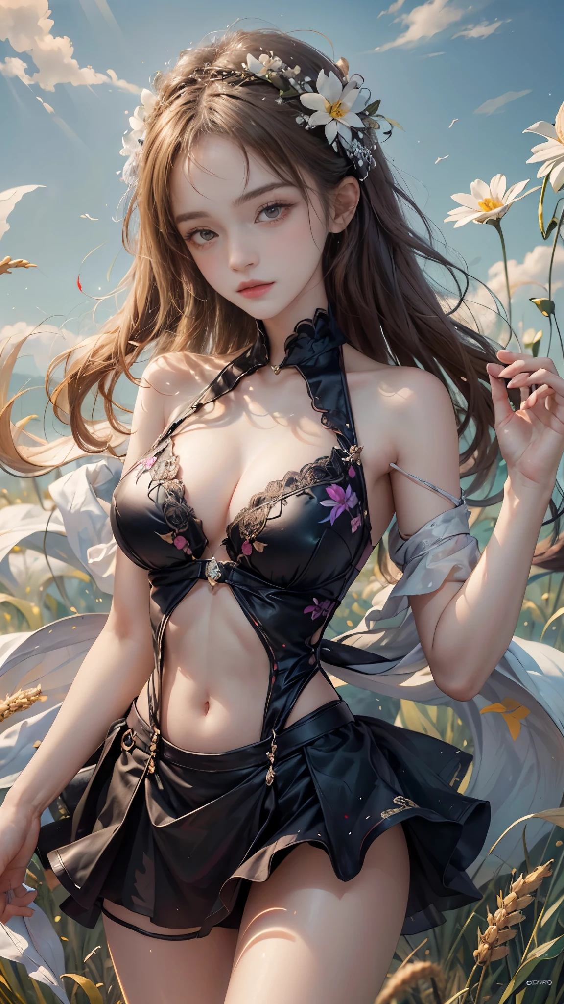chromatic dispersion,glowing colors, masterpiece,best quality,high质量,high清晰度,high质量的纹理,high质量的阴影,high细节,beautiful details,fine details,Extremely detailed CG,Detailed texture,lifelike的面部表现,lifelike的,rich and colorful,exquisite,sharp focus,(intricate detailake up,PureErosFace_V1:0.5),(细节美exquisite脸,(细节美exquisite眼睛),Perfect比例的脸,highDetails of the skin,Details of the skin,Four fingers and one thumb in optimal proportions,emaciated:1.3),1 girl,,high,(光滑的abdominal muscles:1.55),(abdominal muscles:0.5),pretty,Perfect,high,((Big breasts, plump breasts, cleavage)), ((bare shoulders)), ((The skirt is short)), (long legs),(straight legs),(thin waist),((White skin)),White skin,((White skin)),(emma watson),Big breasts,((Caucasian)),light blonde hair,Stand with legs apart,looking at the audience,whole body,Portrait of cute blonde girl,((Standing in the wheat field,Look into the distance)),bloom,orange mist,sports,Wisps of hair,lifelike,high品质渲染,amazing art,high品质,film texture,Fujifilm XT3,dream