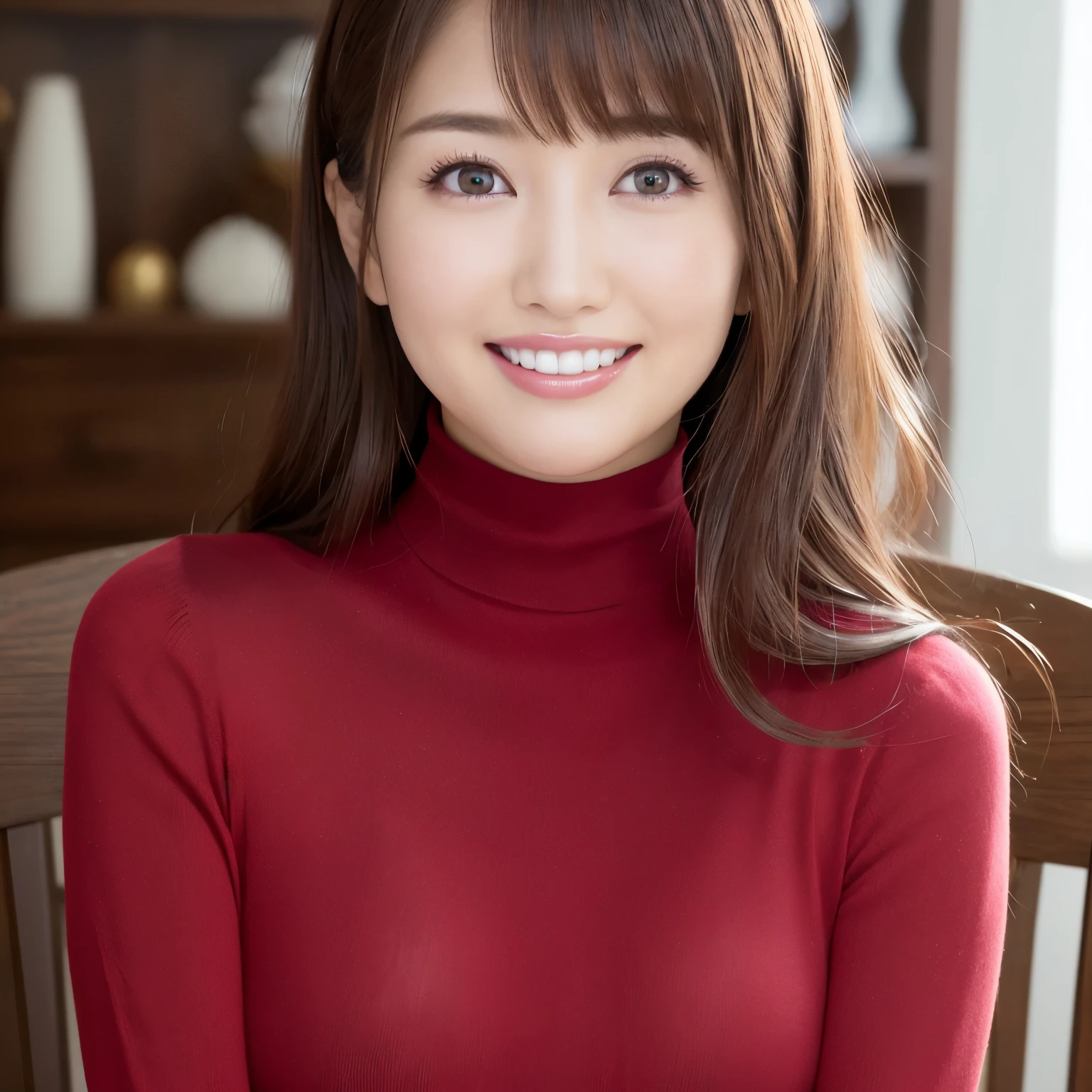 (highest quality、table top、8K、best image quality、Award-winning work)、one beautiful woman、25 years old、(Fixed front configuration:1.1)、(Close-up of face from the front:1.1)、(big and full breasts:1.1)、(emphasize body line:1.1)、(Perfect dark red turtleneck tight knit sweater:1.3)、look at me and smile、(Strongly blurred new house background:1.1)、natural makeup、With bangs、long hair、Ultra high definition beauty face、(Super high resolution perfect beautiful perfect teeth:1.2)、ultra high definition hair、(Super high-definition sparkling eyes:1.1)、Super high resolution glossy lips、accurate anatomy、(very bright and vivid:1.3)