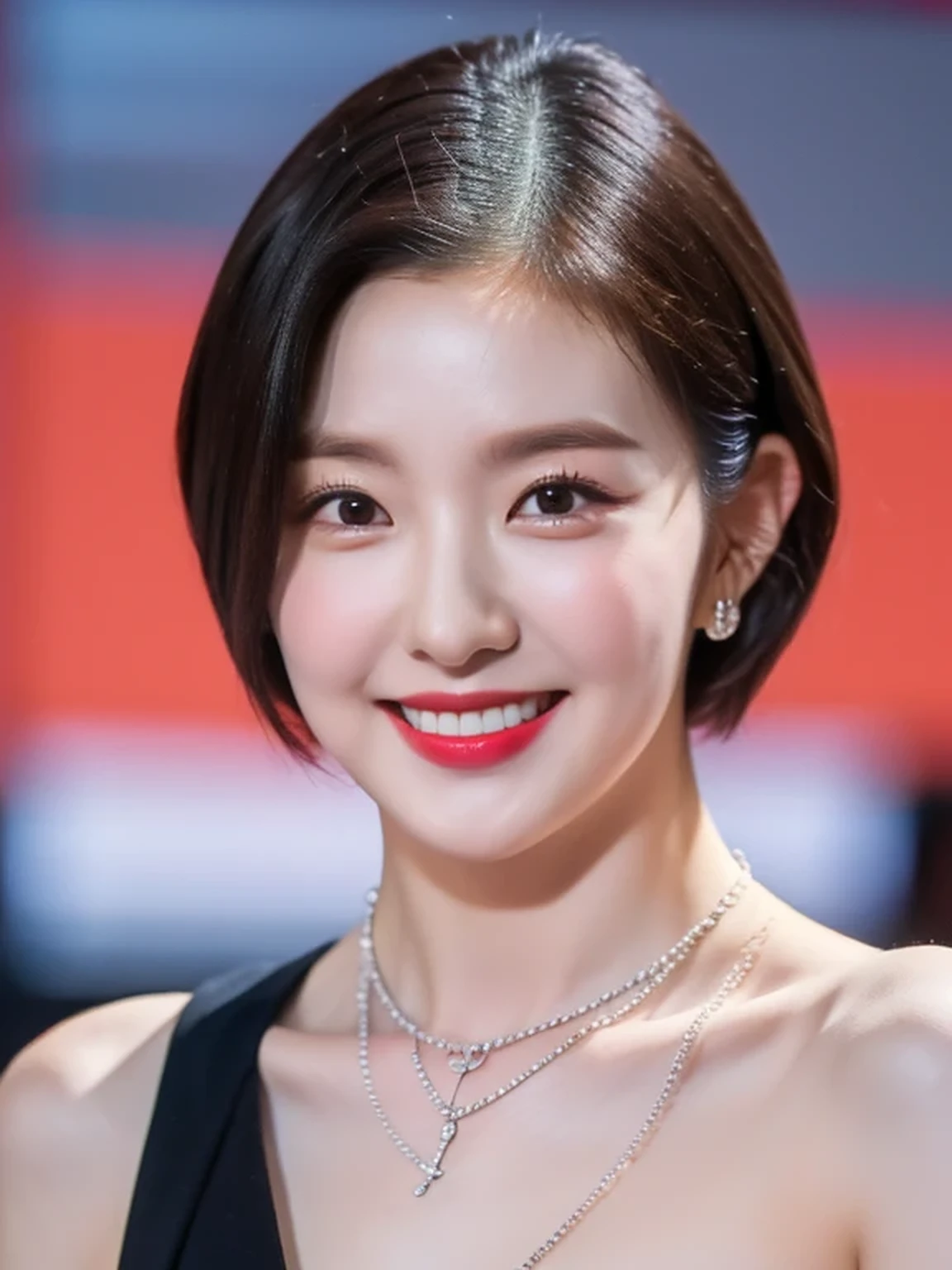 (4K, Best Quality, Masterpiece: 1.2), (Realistic, Realistic: 1.37), Super Detail, 1 Girl, Cute Short Hair, Single, Midnight, Exquisite Sky, Detailed in Palace, Sitting, Dating, ( red nose), (smile: 1.15), (shut up) small breasts, pretty eyes, wearing black kingdom outfits, with necklace pendant