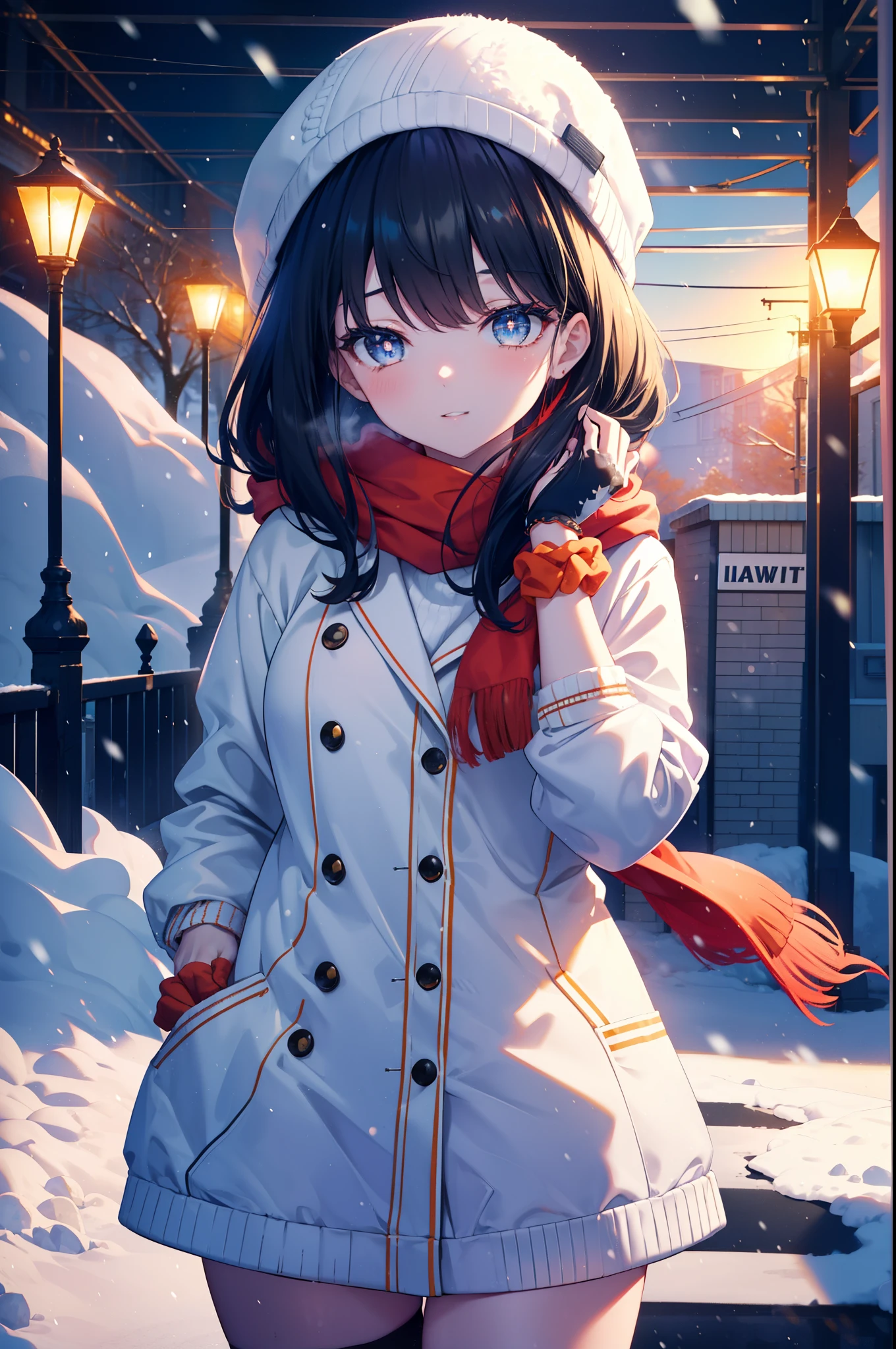 It's a good body, rikka takarada, black hair, blue eyes, long hair, orange Scrunchie, Scrunchie, wrist Scrunchie,knit hat happy smile, smile, open your mouth,Red Scarf,white fluffy long coat, fluffy red gloves,turtleneck, black long skirt,short boots,winter,snow is falling,It's snowing,evening,夕日
break indoors,In town,residential street,
break looking at viewer, (cowboy shot:1.5),
break (masterpiece:1.2), highest quality, High resolution, unity 8k wallpaper, (figure:0.8), (detailed and beautiful eyes:1.6), highly detailed face, perfect lighting, Very detailed CG, (perfect hands, perfect anatomy),