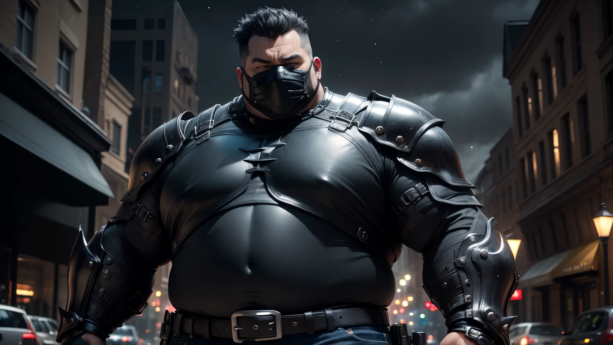 good quality, ultra high resolution,masterpiece, 8K,(reality,detail)dark night sky,One wears black shoulder armor,Wearing a black mask,jeans,black leather boots,topless,The fat man,on the street,whole body effect((from head to foot))