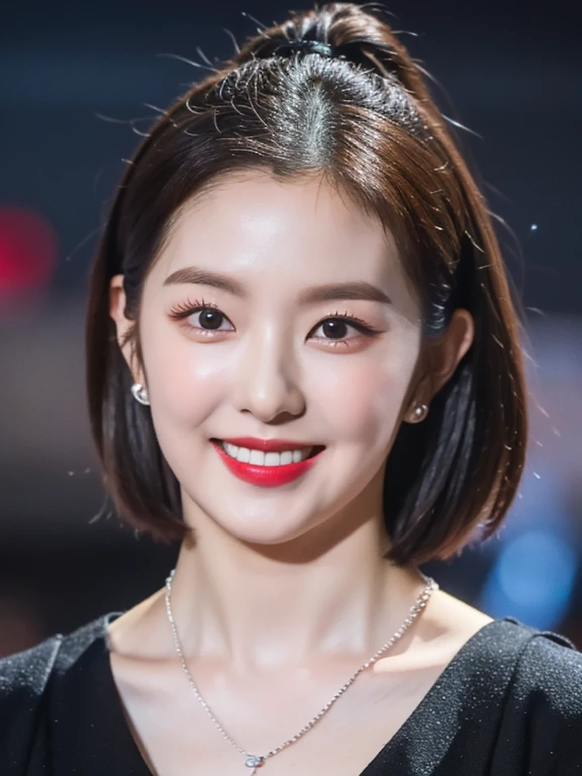 (4K, Best Quality, Masterpiece: 1.2), (Realistic, Realistic: 1.37), Super Detail, 1 Girl, Cute Short Hair, Single, Midnight, Exquisite Sky, Detailed in Palace, Sitting, Dating, ( red nose), (smile: 1.15), (shut up) small breasts, pretty eyes, wearing black kingdom outfits, with necklace pendant