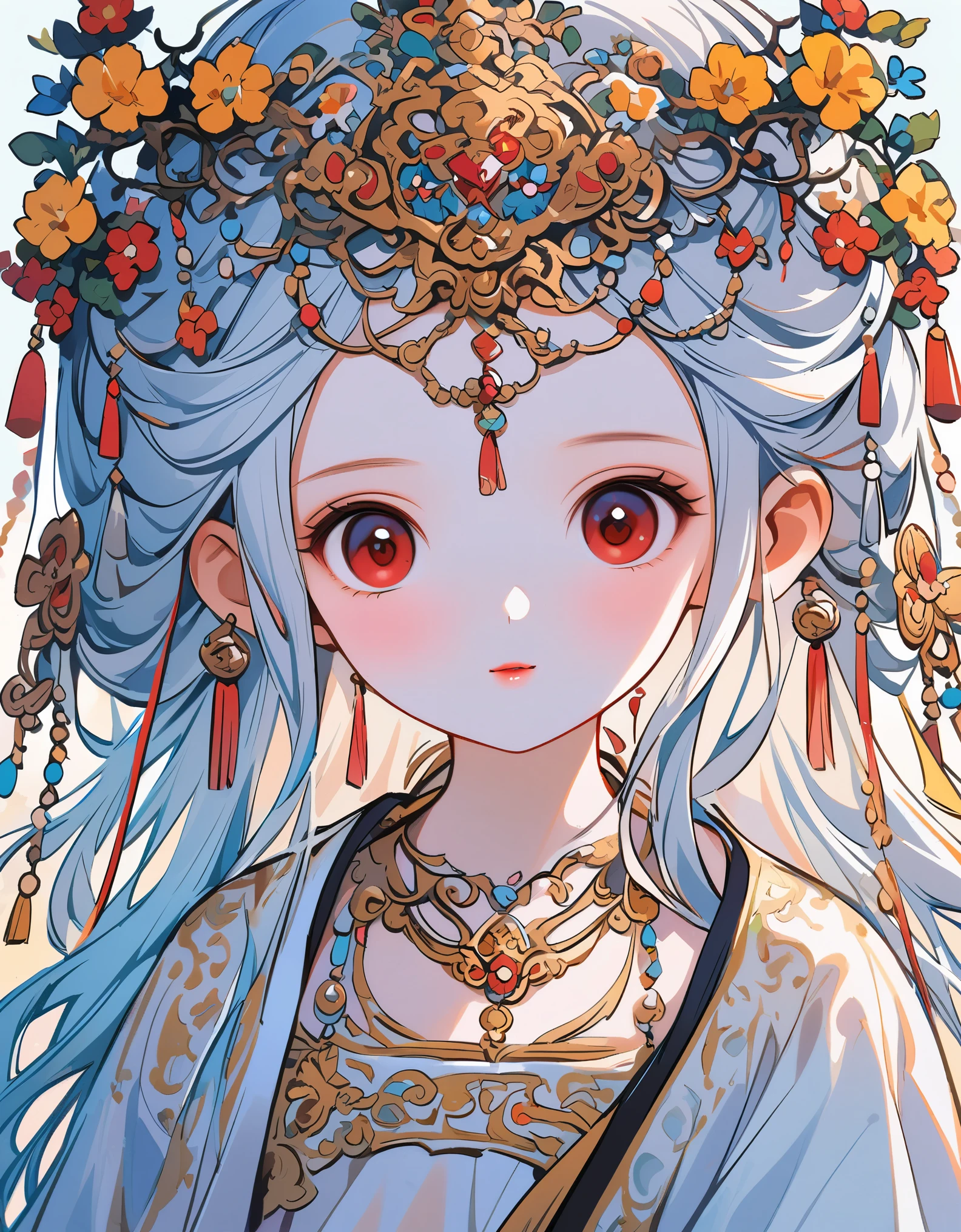  wavy hair wavy hair,Head close-up,Eyes are very delicate,ancient chinese beauties,Gorgeous lace golden white Hanfu,（（（hair accessories）））（（（veil）））,necklace,（（shiny skin））a garden with many flowers,（（（masterpiece）））, （（best quality））, （（intricate details））,（（surreal））（8k）