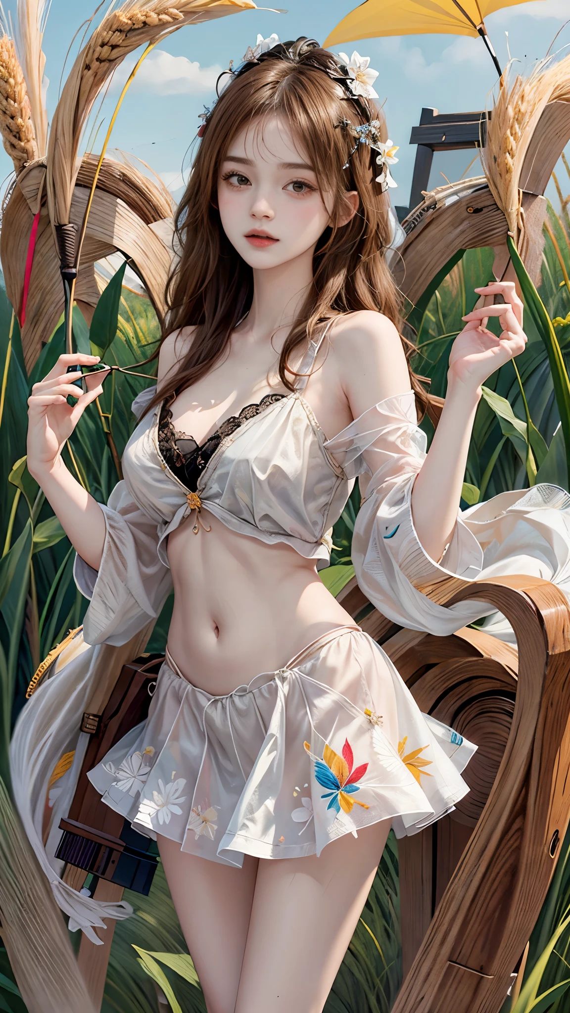 summer4, masterpiece，best quality，high质量，high清晰度，high质量的纹理，high质量的阴影，high细节，beautiful details，fine details，Extremely detailed CG，Detailed texture，lifelike的面部表现，lifelike的，rich and colorful，exquisite，sharp focus，(intricate detailake up，PureErosFace_V1:0.5)，(细节美exquisite脸，(细节美exquisite眼睛)，Perfect比例的脸，highDetails of the skin，Details of the skin，Four fingers and one thumb in optimal proportions，emaciated:1.3)，1 girl，17 years old，high，(光滑的abdominal muscles:1.55)，(abdominal muscles:0.5)，pretty，Perfect，high，((very long legs)), ((Big breasts, plump breasts, cleavage)), ((bare shoulders)), ((The skirt is short)), (long legs)，(straight legs)，(thin waist)，((White skin))，White skin，((White skin))，(emma watson)，Big breasts，((Caucasian))，light blonde hair，Stand with legs apart，looking at the audience，whole body，Portrait of cute blonde girl，((Standing in the wheat field,Look into the distance))，bloom，orange mist，sports，Wisps of hair，lifelike，high品质渲染，amazing art，high品质，film texture，Fujifilm XT3，dream