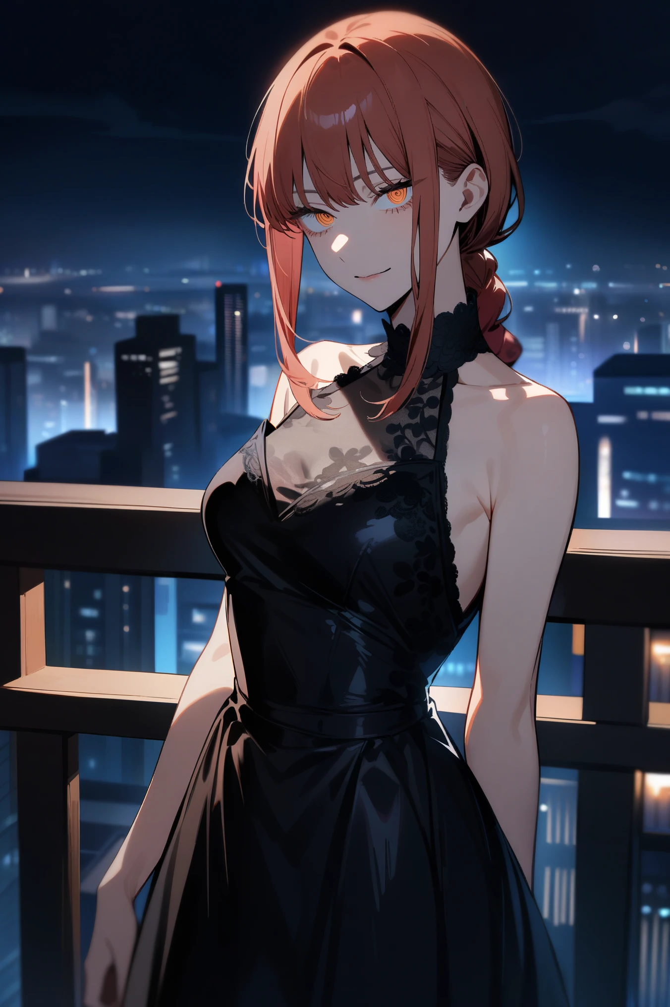 1girl, makima \(chainsaw man\), chainsaw man, looking at viewer, (smirk:0.7), close up (cowboy shot:0.7), beautiful party dress, black lace dress, intricate dress, night scenery, city view, balcony, masterpiece, best quality