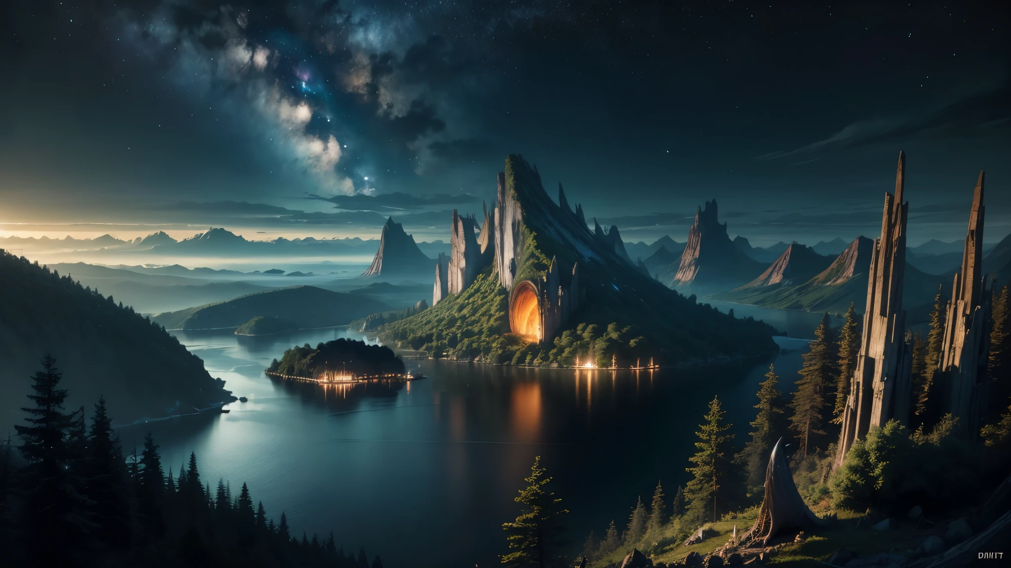 good quality, ultra high resolution,masterpiece, 8K,(reality,detail)dark night sky,with dense woods,dinosaur island。