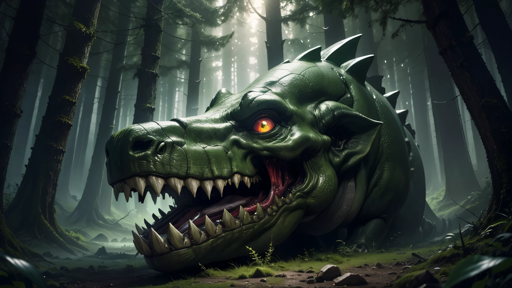 good quality, ultra high resolution,masterpiece, 8K,(reality,detail)dark night sky,in the forest,a dinosaur head(like a monster from the alien movie),green body,sharp teeth,slime,blood stains